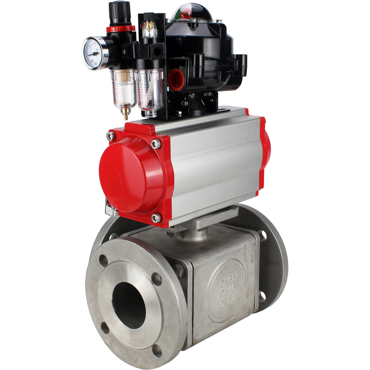 Ball valves Elephant BV3232P(4pc)-FP-3WL-F-ISO-H 16 bar full bore, flanged, body - stainless steel SS316, ISO flange F03/F04-F10/F12, square 9x9-19x19, with pneumatic drive PA-SA, pneumatic valve 4M310-08 NAMUR 24V, LSU APL-510N EX and ATU AFC