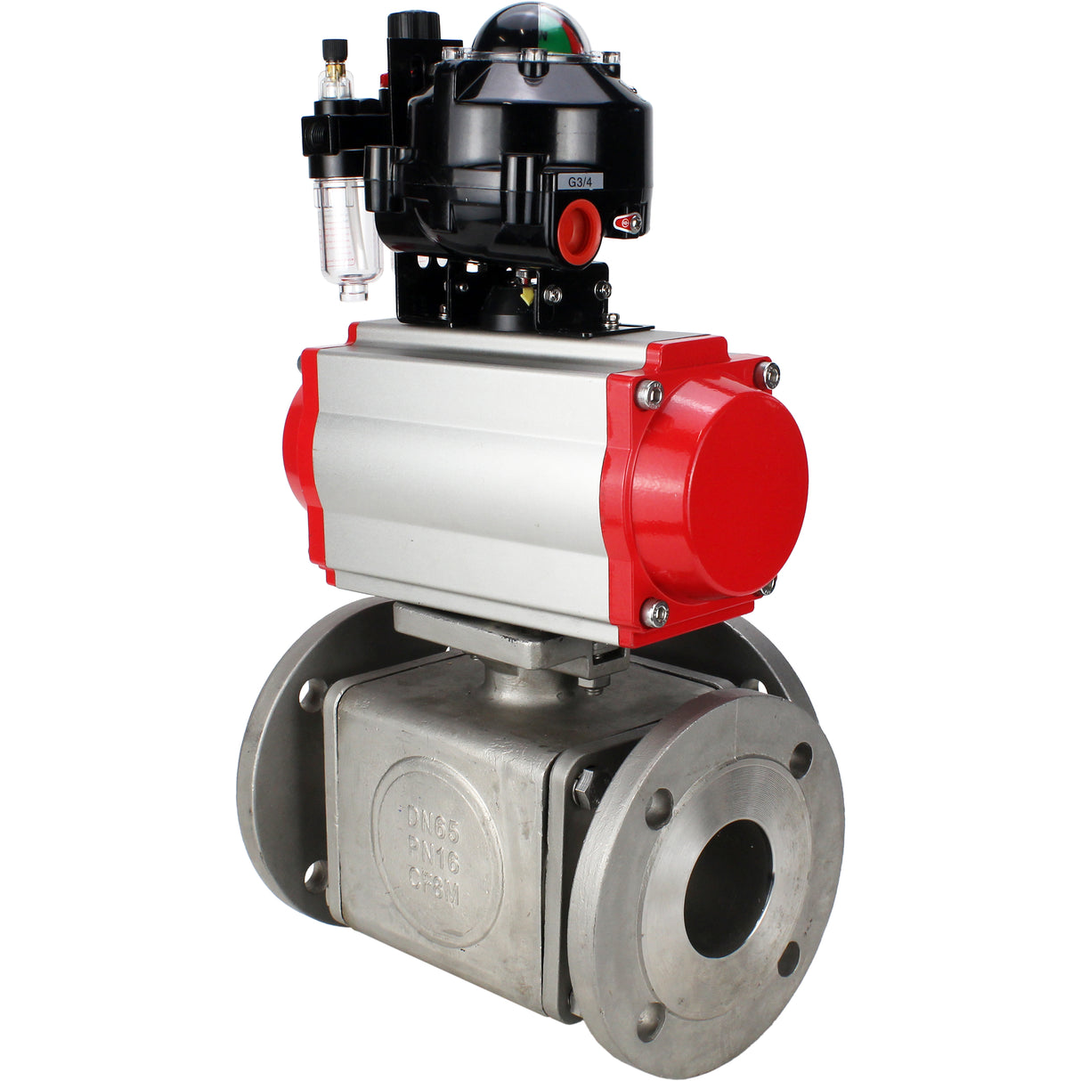 Ball valves Elephant BV3232P(4pc)-FP-3WL-F-ISO-H 16 bar full bore, flanged, body - stainless steel SS316, ISO flange F03/F04-F10/F12, square 9x9-19x19, with pneumatic drive PA-DA, pneumatic distributor 4M310-08 NAMUR 24V, LSU APL-510N EX and ATU AFC