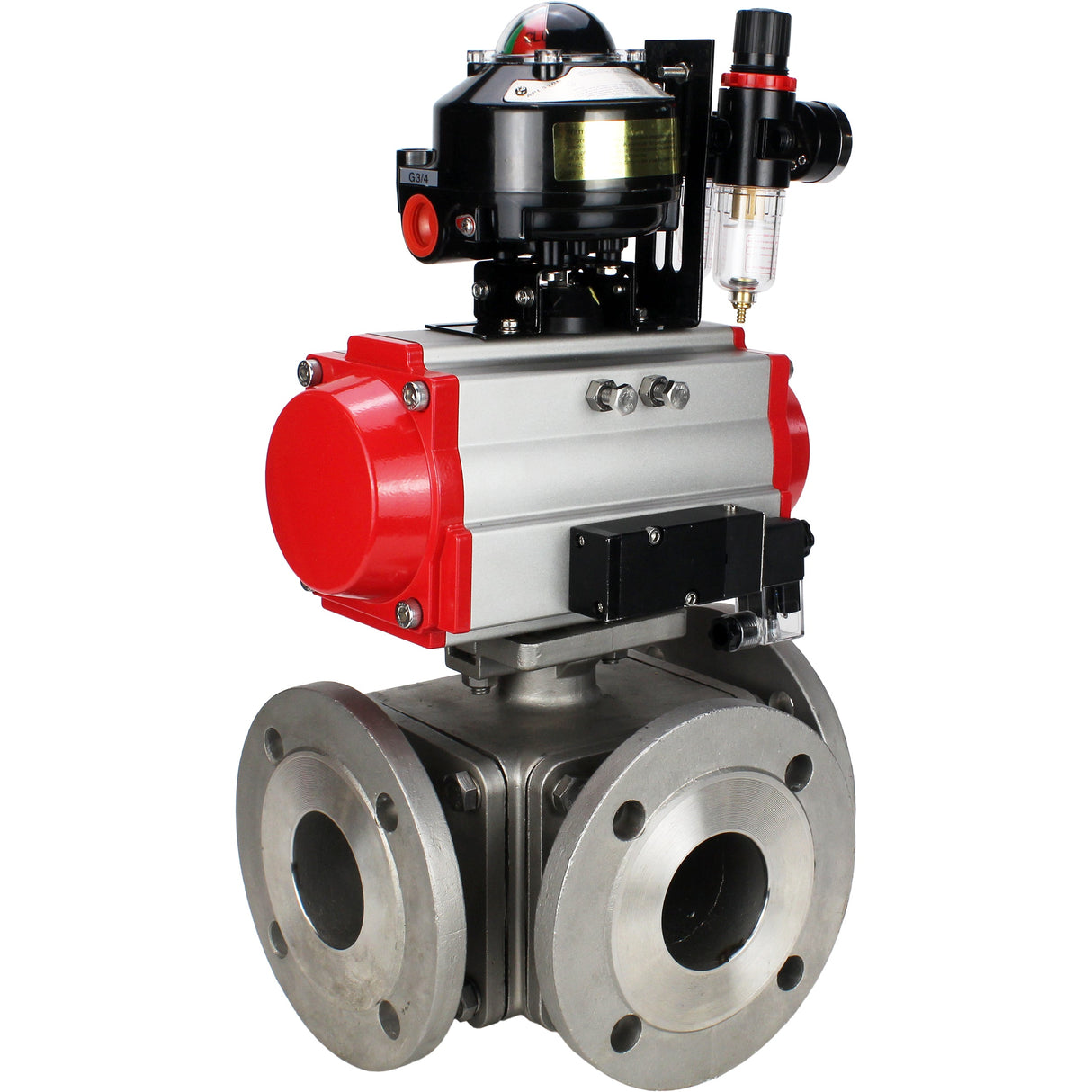 Ball valves Elephant BV3232P(4pc)-FP-3WL-F-ISO-H 16 bar full bore, flanged, body - stainless steel SS316, ISO flange F03/F04-F10/F12, square 9x9-19x19, with pneumatic drive PA-SA, pneumatic valve 4M310-08 NAMUR 220V, LSU APL-510N EX and ATU AF