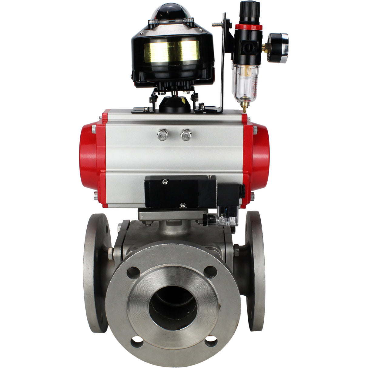 Ball valves Elephant BV3232P(4pc)-FP-3WL-F-ISO-H 16 bar full bore, flanged, body - stainless steel SS316, ISO flange F03/F04-F10/F12, square 9x9-19x19, with pneumatic drive PA-SA, pneumatic valve 4M310-08 NAMUR 220V, LSU APL-510N EX and ATU AF