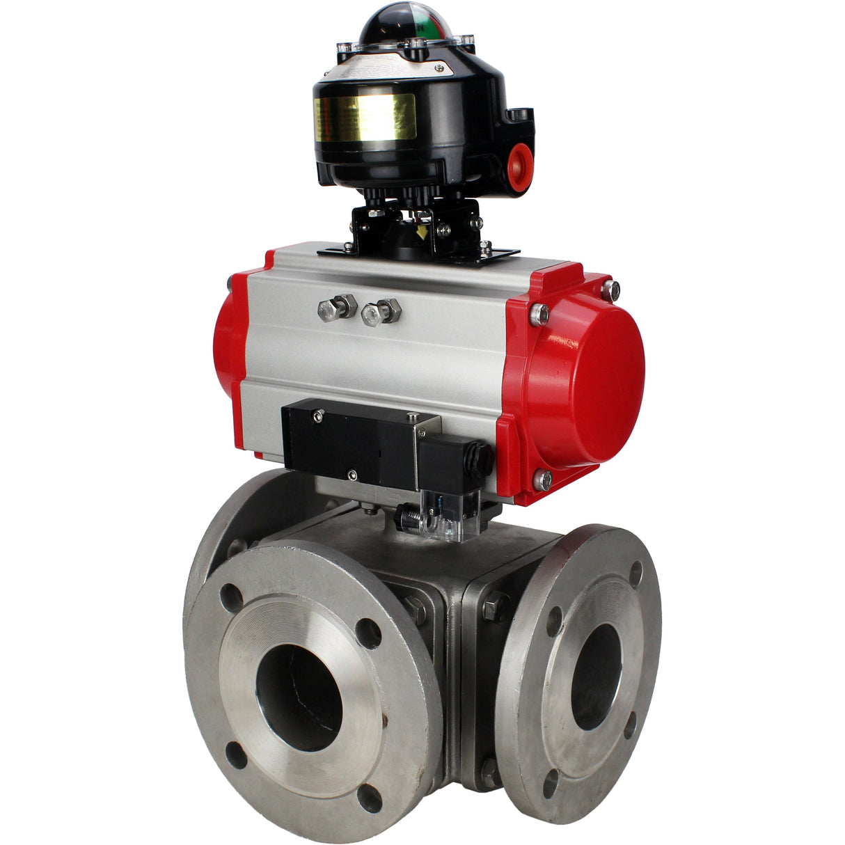 Ball valves Elephant BV3232P(4pc)-FP-3WL-F-ISO-H 16 bar full bore, flanged, body - stainless steel SS316, ISO flange F03/F04-F10/F12, square 9x9-19x19, with pneumatic drive PA-SA, pneumatic valve 4M310-08 NAMUR 220V and LSU APL-510N EX