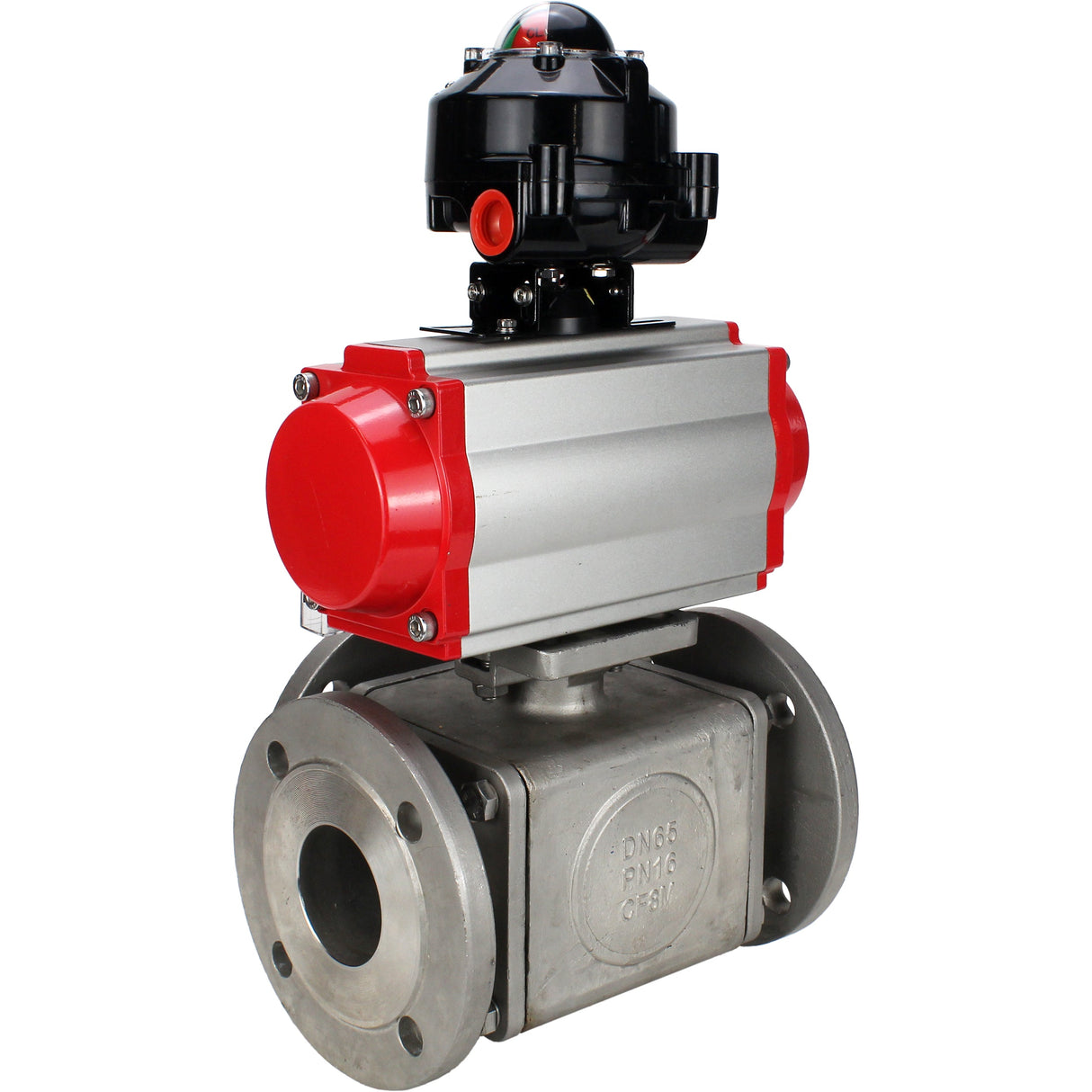 Ball valves Elephant BV3232P(4pc)-FP-3WL-F-ISO-H 16 bar full bore, flanged, body - stainless steel SS316, ISO flange F03/F04-F10/F12, square 9x9-19x19, with pneumatic drive PA-SA, pneumatic valve 4M310-08 NAMUR 220V and LSU APL-510N EX