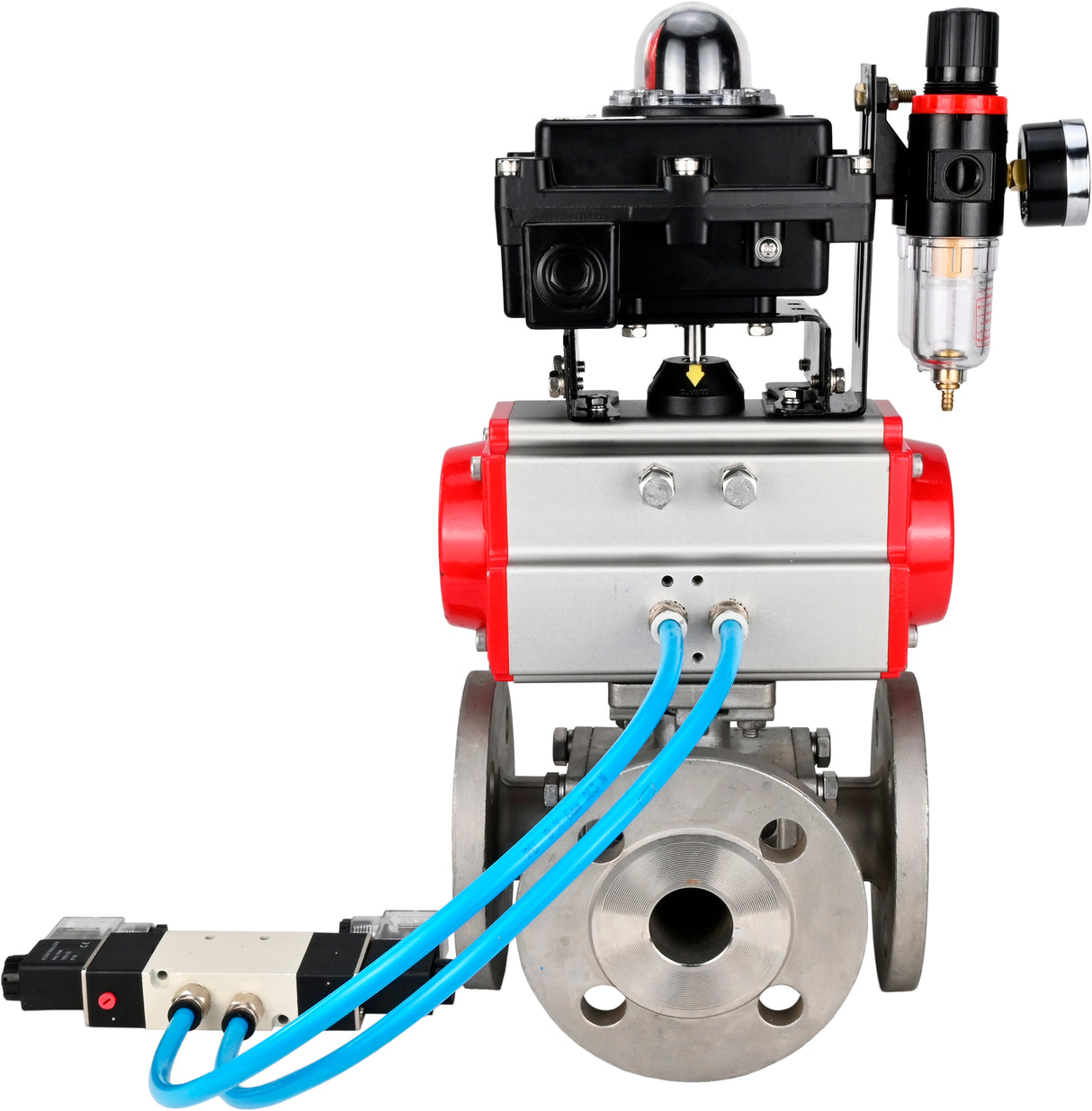 Ball valves Elephant BV3232P(4pc)-FP-3WL-F-ISO-H 16 bar full bore, flanged, body - stainless steel SS316, ISO flange F03/F04-F10/F12, square 9x9-19x19, with pneumatic drive PA-SA, pneumatic valve 4V320-8 220V, LSU APL-410N EX and ATU AFC