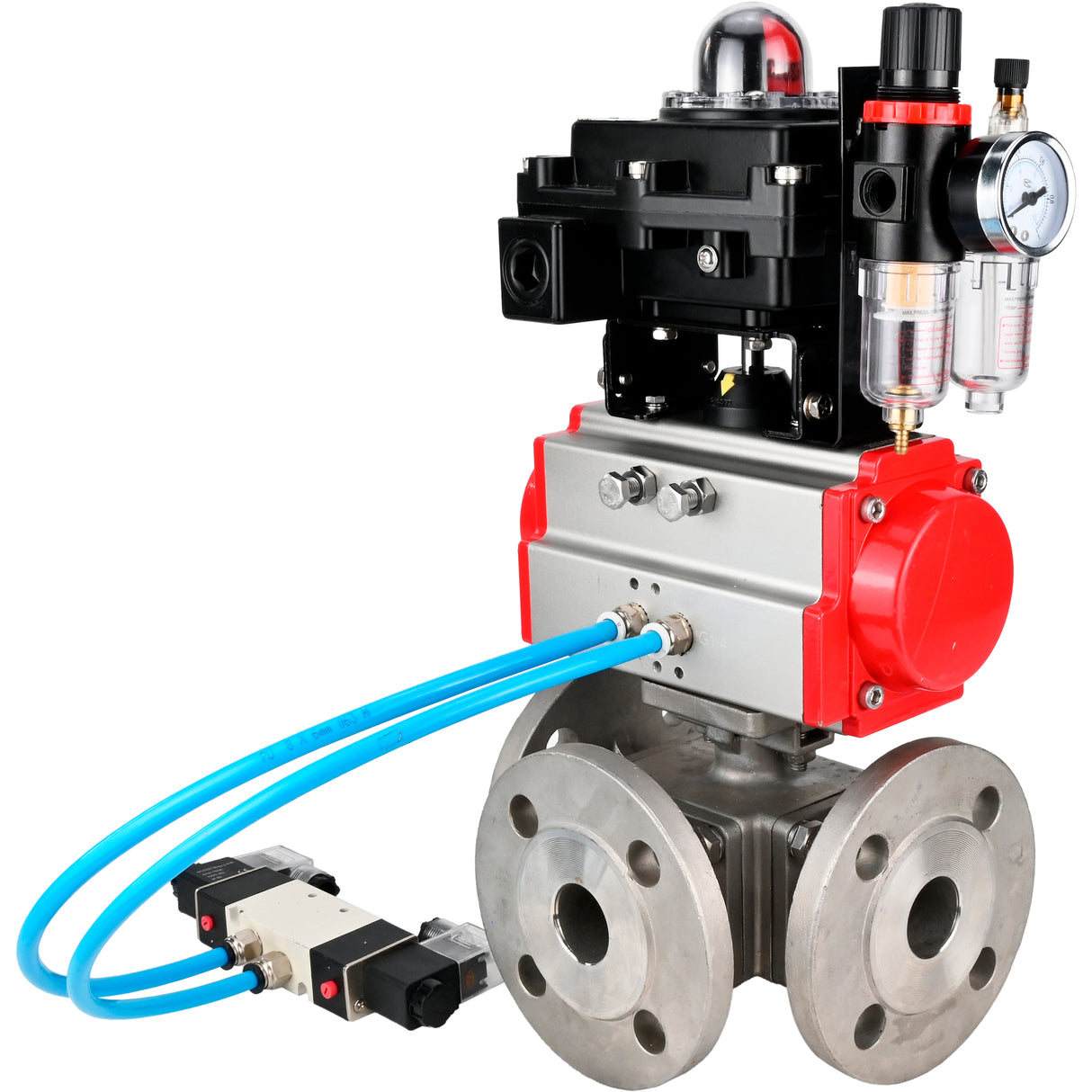 Ball valves Elephant BV3232P(4pc)-FP-3WL-F-ISO-H 16 bar full bore, flanged, body - stainless steel SS316, ISO flange F03/F04-F10/F12, square 9x9-19x19, with pneumatic drive PA-SA, pneumatic valve 4V320-8 220V, LSU APL-410N EX and ATU AFC