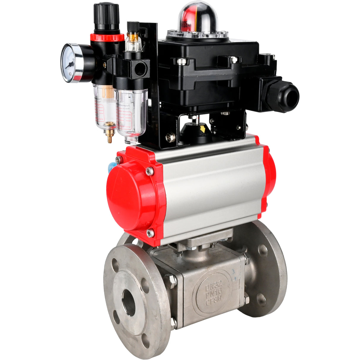 Ball valves Elephant BV3232P(4pc)-FP-3WL-F-ISO-H 16 bar full bore, flanged, body - stainless steel SS316, ISO flange F03/F04-F10/F12, square 9x9-19x19, with pneumatic drive PA-SA, pneumatic valve 4V320-8 220V, LSU APL-410N EX and ATU AFC