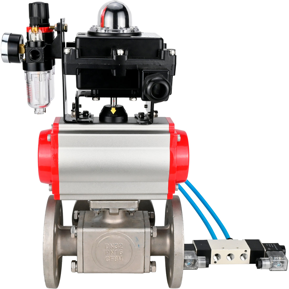 Ball valves Elephant BV3232P(4pc)-FP-3WL-F-ISO-H 16 bar full bore, flanged, body - stainless steel SS316, ISO flange F03/F04-F10/F12, square 9x9-19x19, with pneumatic drive PA-SA, pneumatic valve 4V320-8 220V, LSU APL-410N EX and ATU AFC