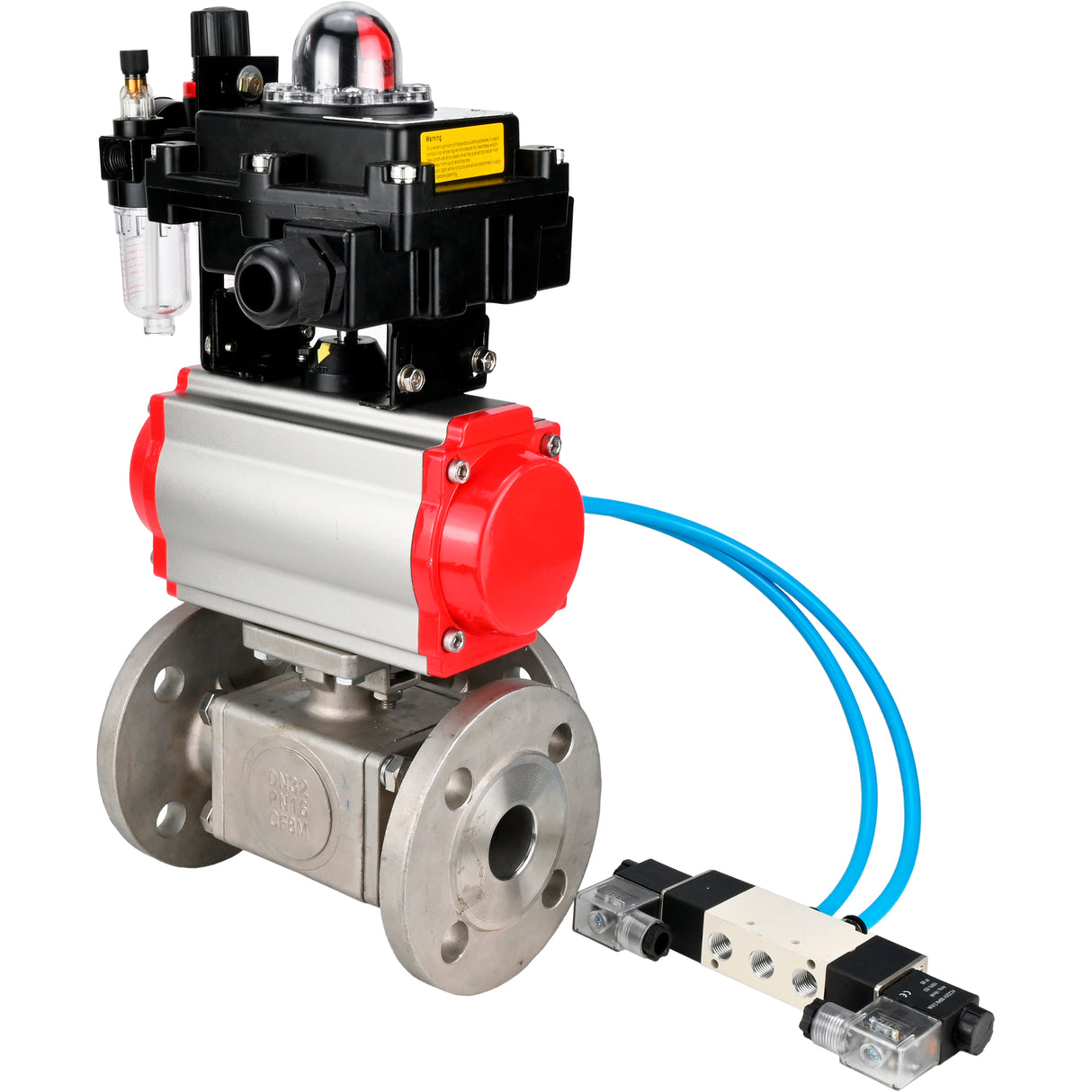 Ball valves Elephant BV3232P(4pc)-FP-3WL-F-ISO-H 16 bar full bore, flanged, body - stainless steel SS316, ISO flange F03/F04-F10/F12, square 9x9-19x19, with pneumatic drive PA-SA, pneumatic valve 4V320-8 220V, LSU APL-410N EX and ATU AFC