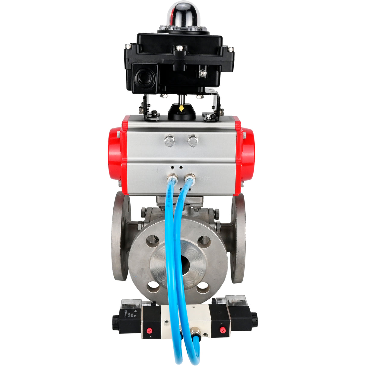 Ball valves Elephant BV3232P(4pc)-FP-3WL-F-ISO-H 16 bar full bore, flanged, body - stainless steel SS316, ISO flange F03/F04-F10/F12, square 9x9-19x19, with pneumatic drive PA-SA, pneumatic valve 4V320-8 220V and LSU APL-410N EX