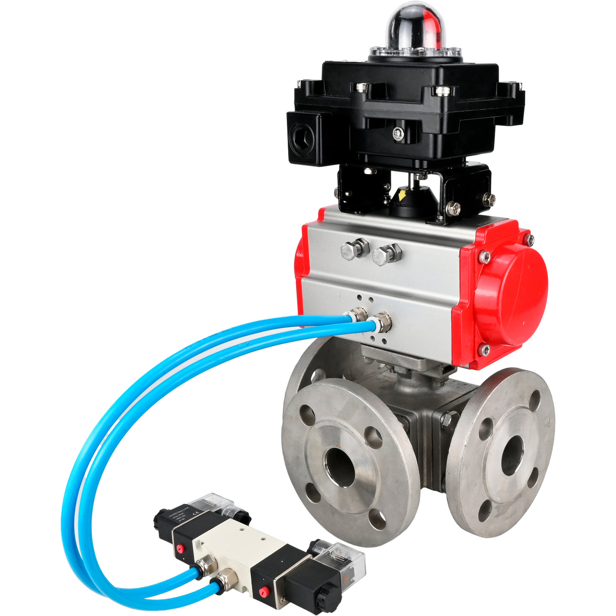 Ball valves Elephant BV3232P(4pc)-FP-3WL-F-ISO-H 16 bar full bore, flanged, body - stainless steel SS316, ISO flange F03/F04-F10/F12, square 9x9-19x19, with pneumatic drive PA-SA, pneumatic valve 4V320-8 220V and LSU APL-410N EX