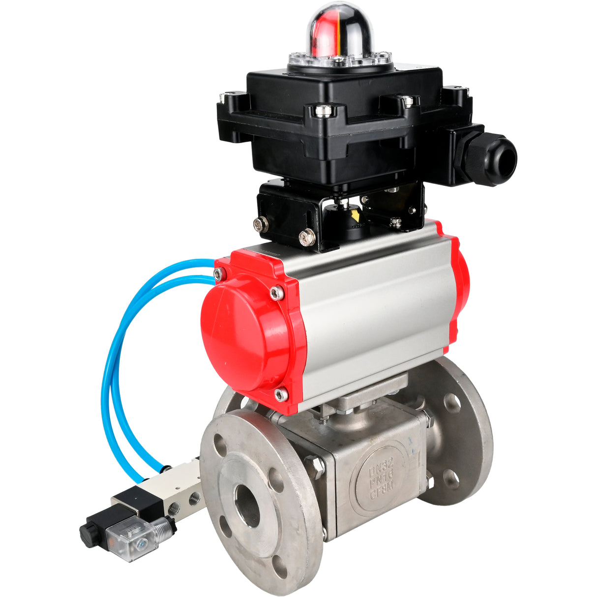 Ball valves Elephant BV3232P(4pc)-FP-3WL-F-ISO-H 16 bar full bore, flanged, body - stainless steel SS316, ISO flange F03/F04-F10/F12, square 9x9-19x19, with pneumatic drive PA-SA, pneumatic valve 4V320-8 220V and LSU APL-410N EX