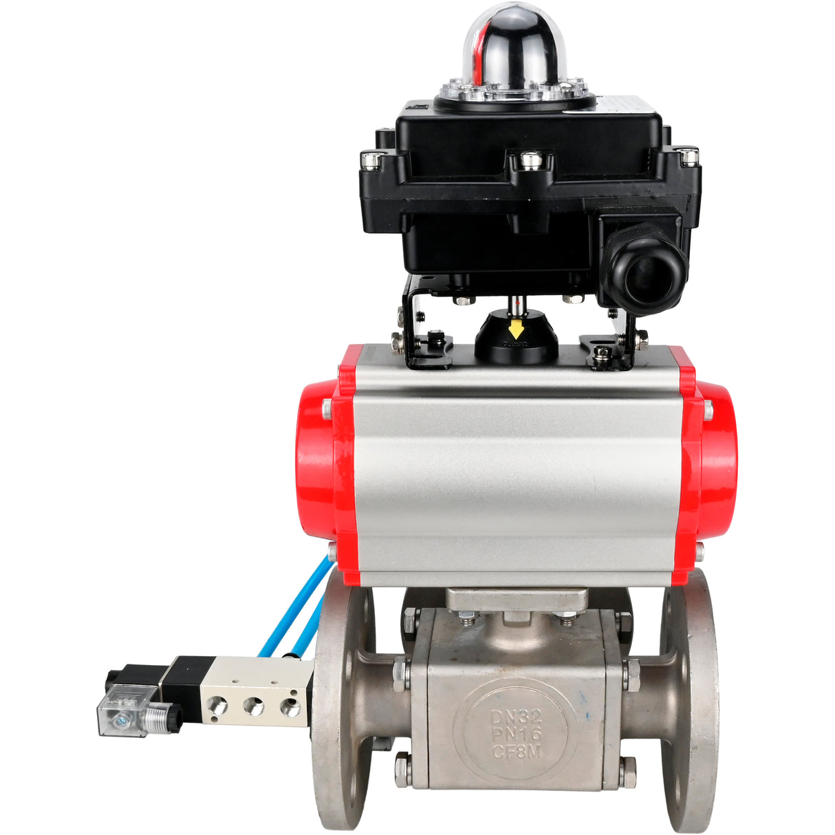 Ball valves Elephant BV3232P(4pc)-FP-3WL-F-ISO-H 16 bar full bore, flanged, body - stainless steel SS316, ISO flange F03/F04-F10/F12, square 9x9-19x19, with pneumatic drive PA-SA, pneumatic valve 4V320-8 220V and LSU APL-410N EX