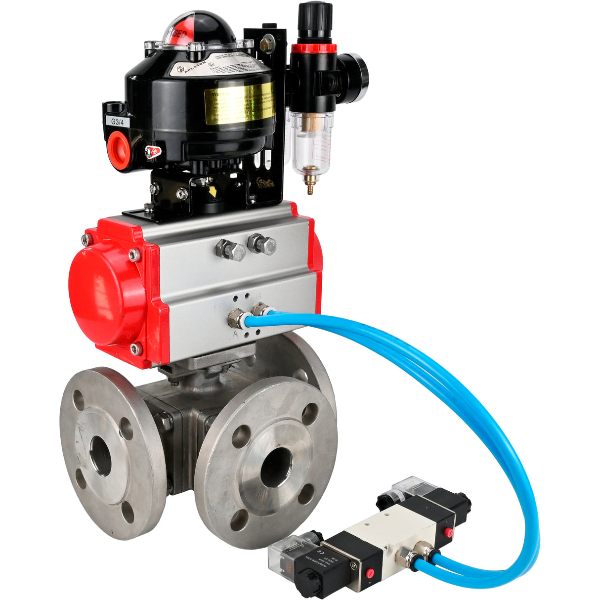 Ball valves Elephant BV3232P(4pc)-FP-3WL-F-ISO-H 16 bar full bore, flanged, body - stainless steel SS316, ISO flange F03/F04-F10/F12, square 9x9-19x19, with pneumatic drive PA-SA, pneumatic valve 4V320-8 220V, LSU APL-510N EX and AFC2000