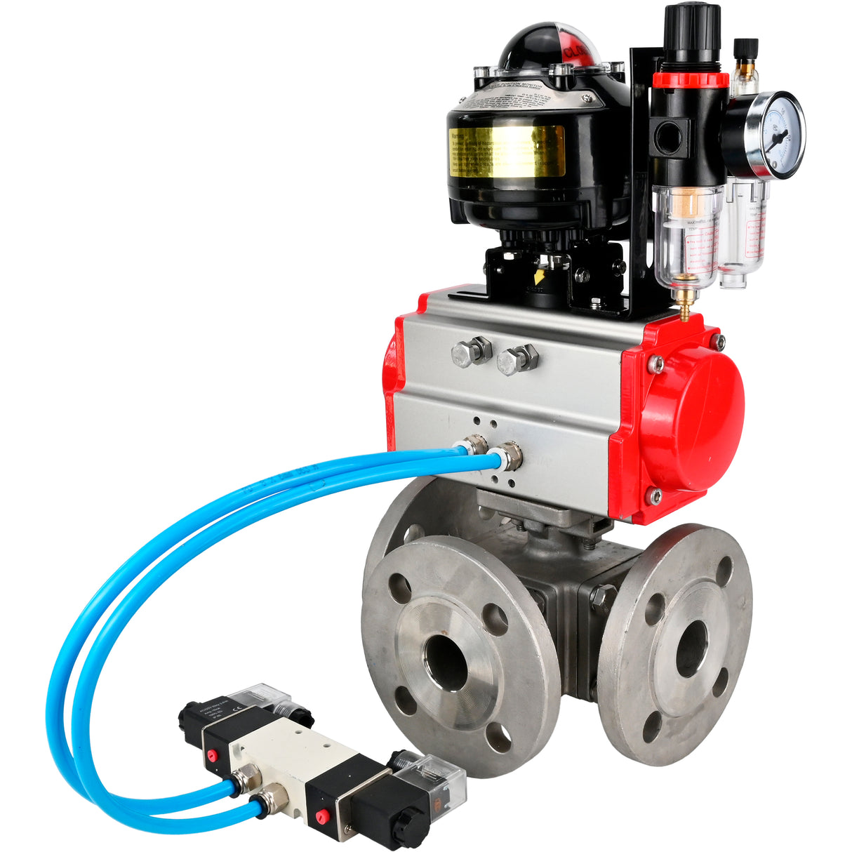 Ball valves Elephant BV3232P(4pc)-FP-3WL-F-ISO-H 16 bar full bore, flanged, body - stainless steel SS316, ISO flange F03/F04-F10/F12, square 9x9-19x19, with pneumatic drive PA-SA, pneumatic valve 4V320-8 220V, LSU APL-510N EX and AFC2000