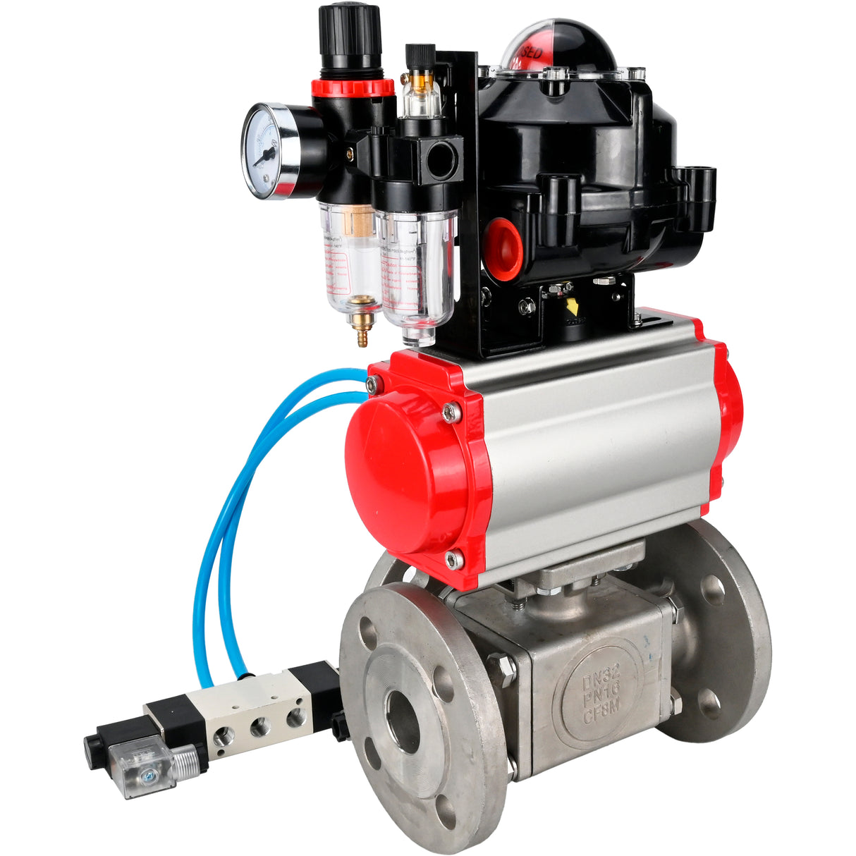 Ball valves Elephant BV3232P(4pc)-FP-3WL-F-ISO-H 16 bar full bore, flanged, body - stainless steel SS316, ISO flange F03/F04-F10/F12, square 9x9-19x19, with pneumatic drive PA-SA, pneumatic valve 4V320-8 220V, LSU APL-510N EX and AFC2000