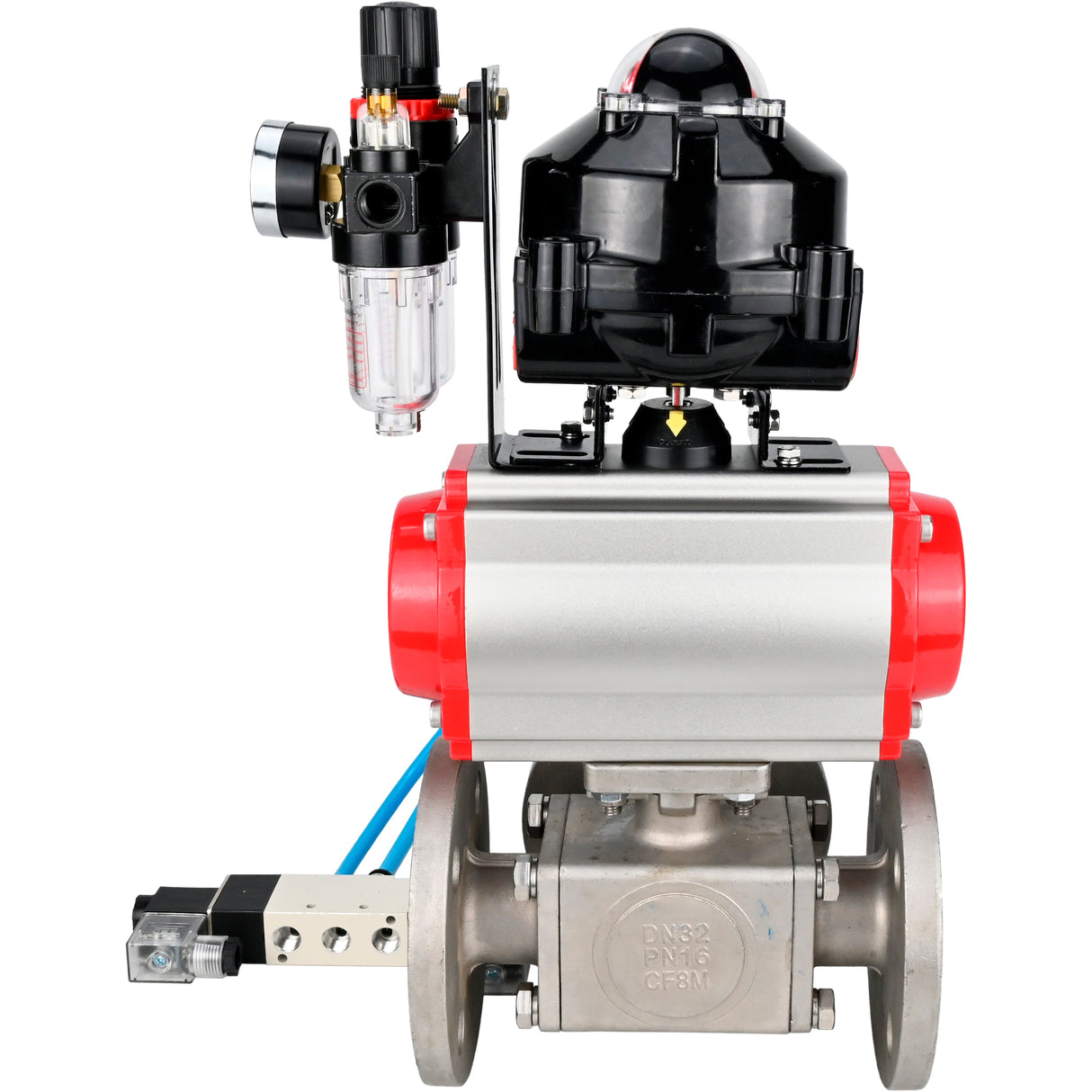 Ball valves Elephant BV3232P(4pc)-FP-3WL-F-ISO-H 16 bar full bore, flanged, body - stainless steel SS316, ISO flange F03/F04-F10/F12, square 9x9-19x19, with pneumatic drive PA-SA, pneumatic valve 4V320-8 220V, LSU APL-510N EX and AFC2000