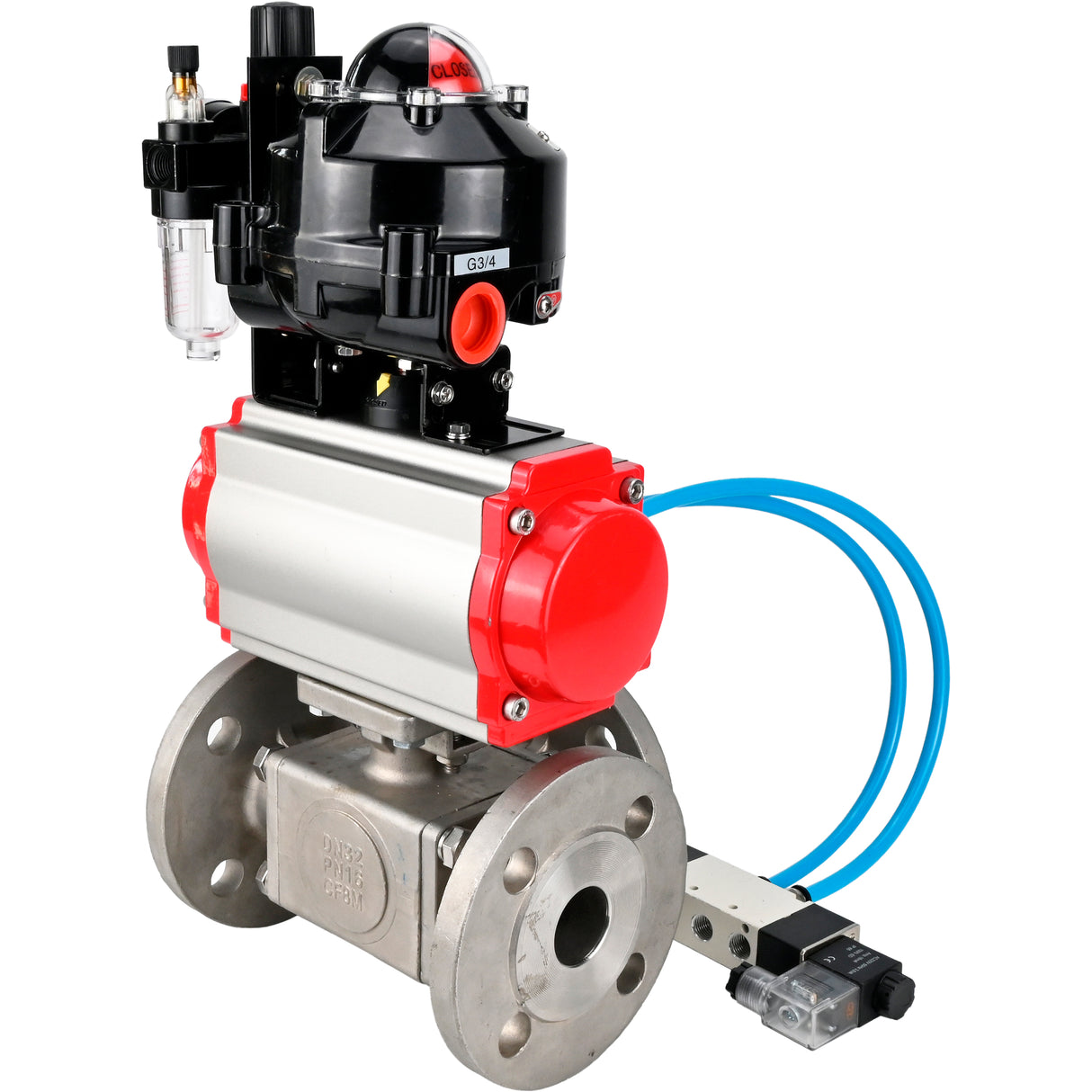 Ball valves Elephant BV3232P(4pc)-FP-3WL-F-ISO-H 16 bar full bore, flanged, body - stainless steel SS316, ISO flange F03/F04-F10/F12, square 9x9-19x19, with pneumatic drive PA-SA, pneumatic valve 4V320-8 220V, LSU APL-510N EX and AFC2000