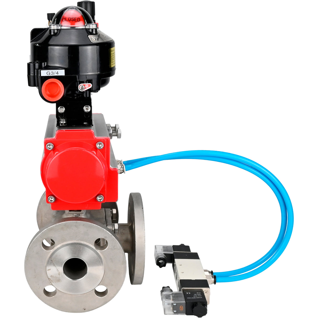 Ball valves Elephant BV3232P(4pc)-FP-3WL-F-ISO-H 16 bar full bore, flanged, body - stainless steel SS316, ISO flange F03/F04-F10/F12, square 9x9-19x19, with pneumatic drive PA-SA, pneumatic valve 4V320-8 220V, LSU APL-510N EX and AFC2000