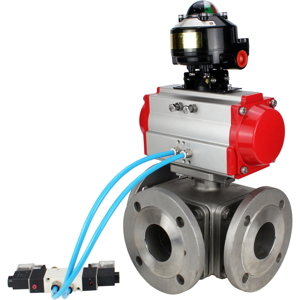 Ball valves Elephant BV3232P(4pc)-FP-3WL-F-ISO-H 16 bar full bore, flanged, body - stainless steel SS316, ISO flange F03/F04-F10/F12, square 9x9-19x19, with pneumatic drive PA-SA, pneumatic valve 4V320-10 220V and LSU APL-510N EX