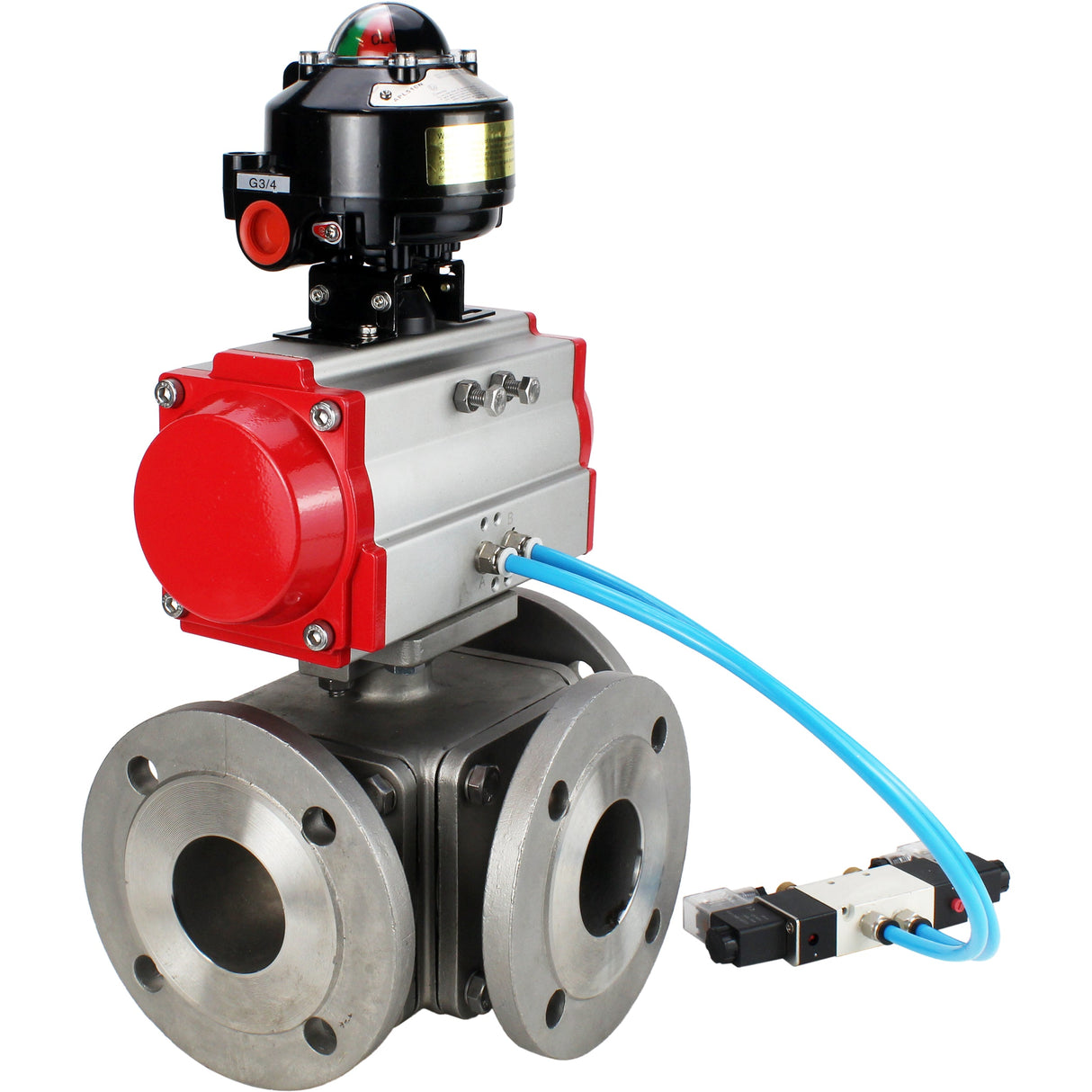 Ball valves Elephant BV3232P(4pc)-FP-3WL-F-ISO-H 16 bar full bore, flanged, body - stainless steel SS316, ISO flange F03/F04-F10/F12, square 9x9-19x19, with pneumatic drive PA-SA, pneumatic valve 4V320-8 220V and LSU APL-510N EX