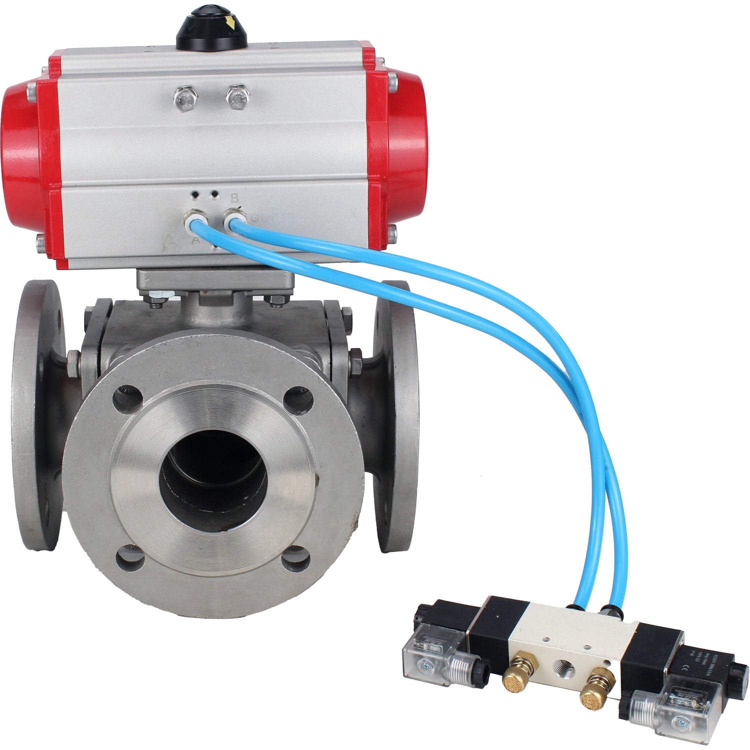 Ball valves Elephant BV3232P(4pc)-FP-3WL-F-ISO-H 16 bar full bore, flanged, body - stainless steel SS316, ISO flange F03/F04-F10/F12, square 9x9-19x19, with pneumatic drive PA-SA with return springs and pneumatic distributor 4V320-08 220V