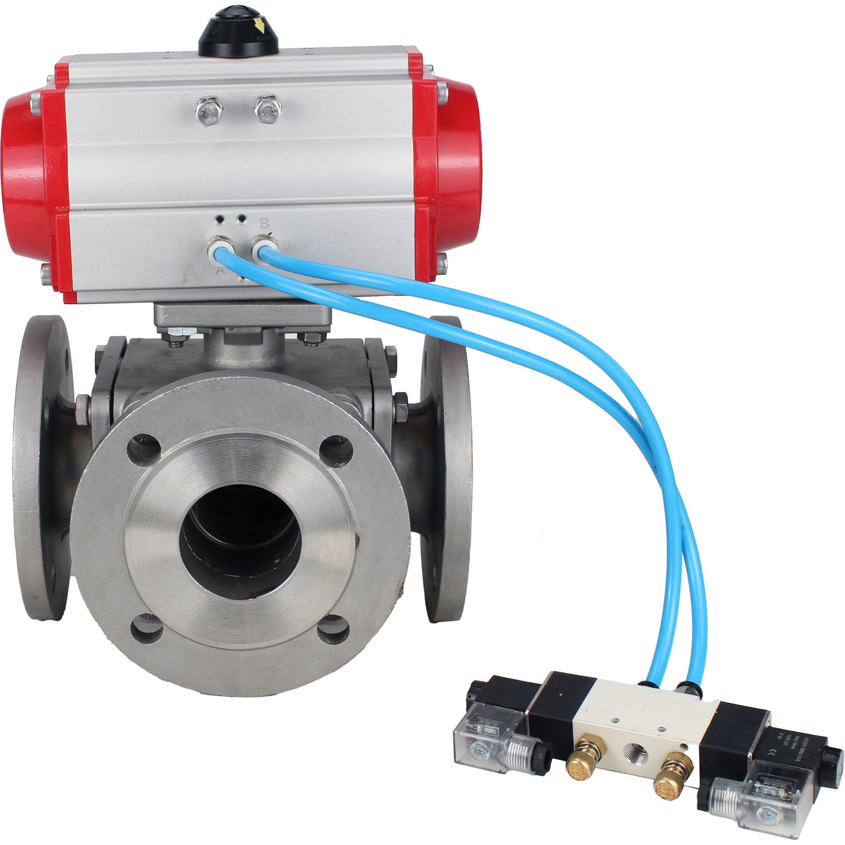 Ball valves Elephant BV3232P(4pc)-FP-3WL-F-ISO-H 16 bar full bore, flanged, body - stainless steel SS316, ISO flange F03/F04-F10/F12, square 9x9-19x19, with pneumatic drive PA-DA double acting and pneumatic distributor 4V320-8 220V
