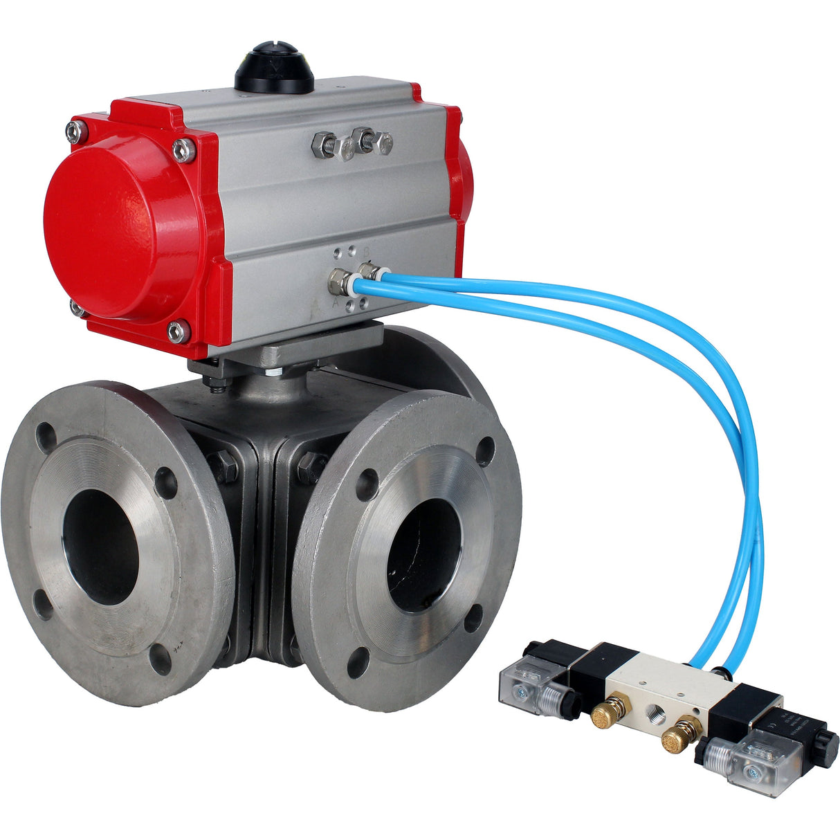 Ball valves Elephant BV3232P(4pc)-FP-3WL-F-ISO-H 16 bar full bore, flanged, body - stainless steel SS316, ISO flange F03/F04-F10/F12, square 9x9-19x19, with pneumatic drive PA-DA double acting and pneumatic distributor 4V320-8 220V