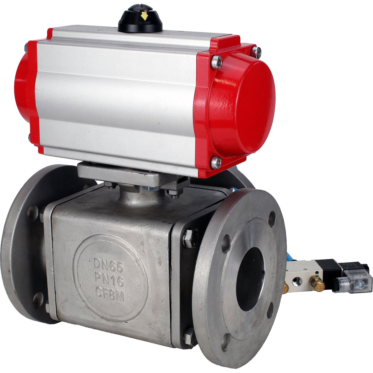Ball valves Elephant BV3232P(4pc)-FP-3WL-F-ISO-H 16 bar full bore, flanged, body - stainless steel SS316, ISO flange F03/F04-F10/F12, square 9x9-19x19, with pneumatic drive PA-DA double acting and pneumatic distributor 4V320-10 220V