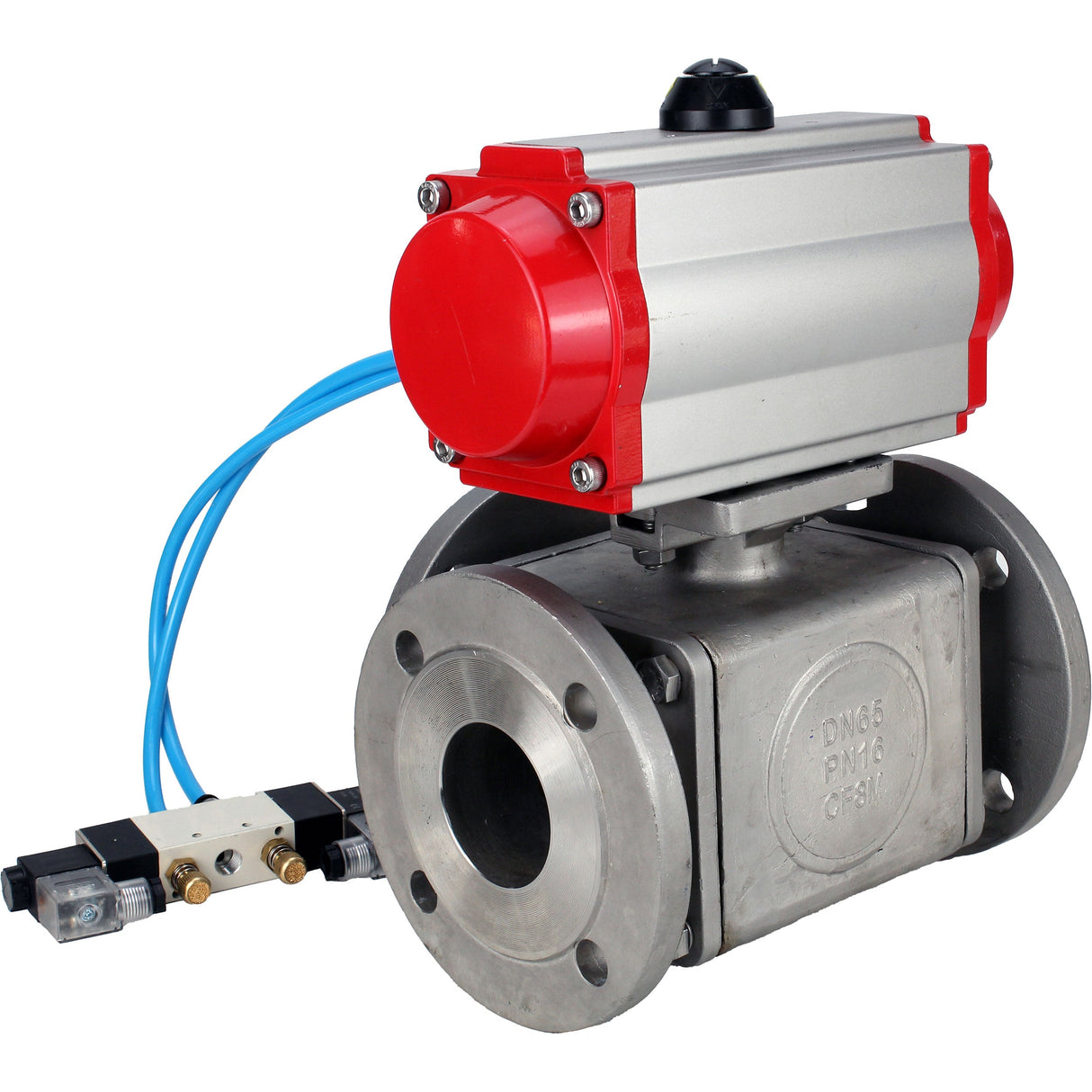 Ball valves Elephant BV3232P(4pc)-FP-3WL-F-ISO-H 16 bar full bore, flanged, body - stainless steel SS316, ISO flange F03/F04-F10/F12, square 9x9-19x19, with pneumatic drive PA-DA double acting and pneumatic distributor 4V320-8 220V