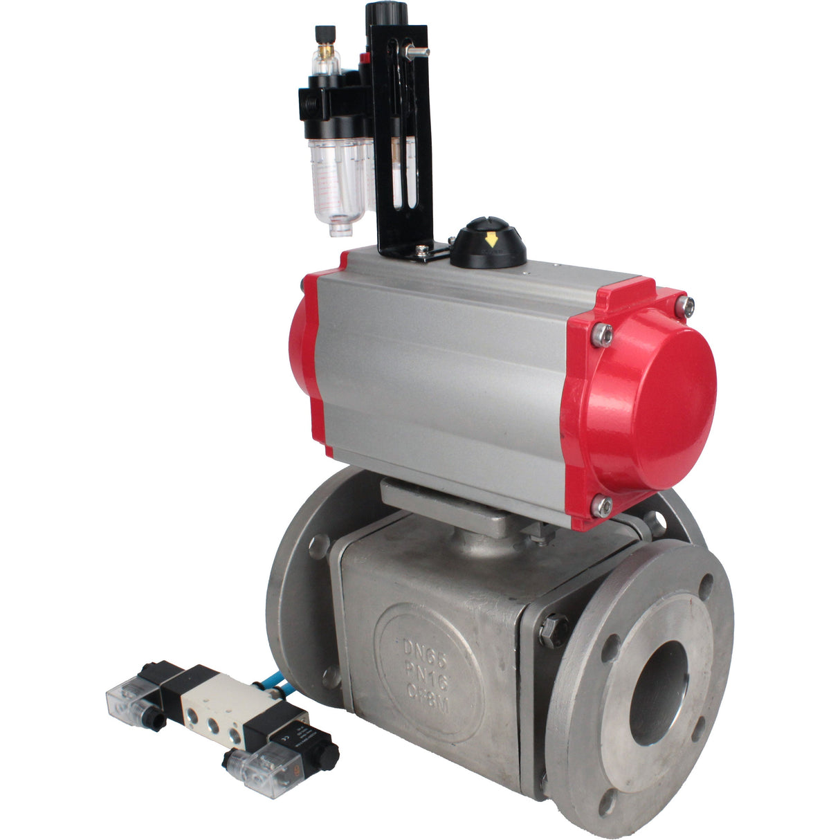 Ball valves Elephant BV3232P(4pc)-FP-3WL-F-ISO-H 16 bar full bore, flanged, body - stainless steel SS316, ISO flange F03/F04-F10/F12, square 9x9-19x19, with pneumatic drive PA-SA, pneumatic valve 4V320-10 220V and ATU AFC2000