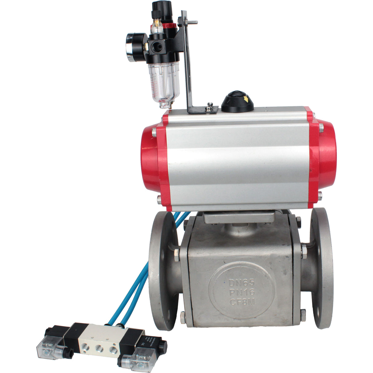 Ball valves Elephant BV3232P(4pc)-FP-3WL-F-ISO-H 16 bar full bore, flanged, body - stainless steel SS316, ISO flange F03/F04-F10/F12, square 9x9-19x19, with pneumatic drive PA-DA double acting, pneumatic valve 4V320-10 220V and ATU A