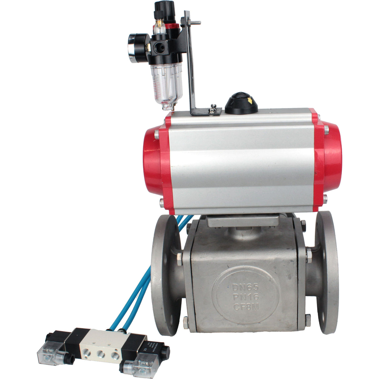 Ball valves Elephant BV3232P(4pc)-FP-3WL-F-ISO-H 16 bar full bore, flanged, body - stainless steel SS316, ISO flange F03/F04-F10/F12, square 9x9-19x19, with pneumatic drive PA-SA, pneumatic valve 4V320-10 220V and ATU AFC2000