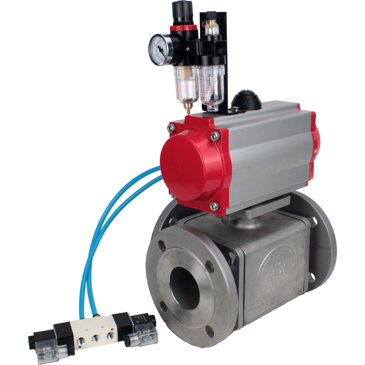 Ball valves Elephant BV3232P(4pc)-FP-3WL-F-ISO-H 16 bar full bore, flanged, body - stainless steel SS316, ISO flange F03/F04-F10/F12, square 9x9-19x19, with pneumatic drive PA-SA, pneumatic valve 4V320-10 220V and ATU AFC2000