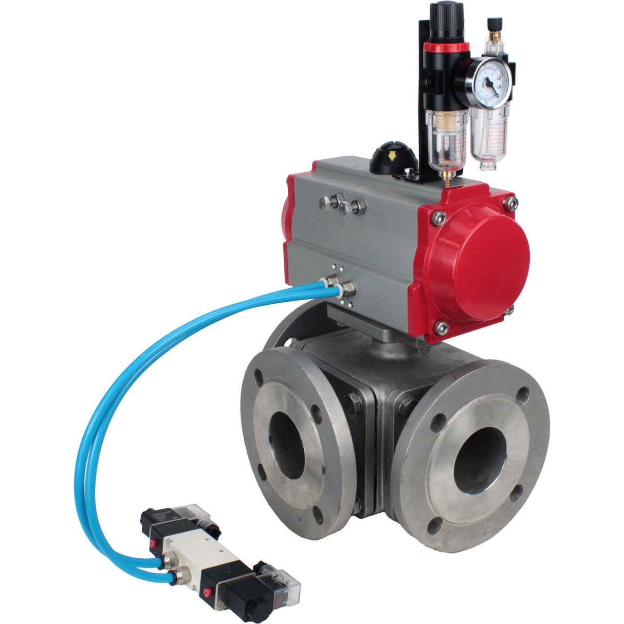 Ball valves Elephant BV3232P(4pc)-FP-3WL-F-ISO-H 16 bar full bore, flanged, body - stainless steel SS316, ISO flange F03/F04-F10/F12, square 9x9-19x19, with pneumatic drive PA-DA double acting, pneumatic valve 4V320-10 220V and ATU A