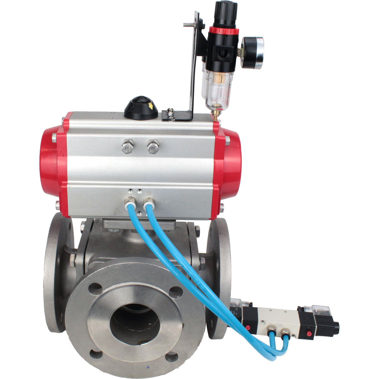 Ball valves Elephant BV3232P(4pc)-FP-3WL-F-ISO-H 16 bar full bore, flanged, body - stainless steel SS316, ISO flange F03/F04-F10/F12, square 9x9-19x19, with pneumatic drive PA-SA, pneumatic valve 4V320-8 220V and ATU AFC2000