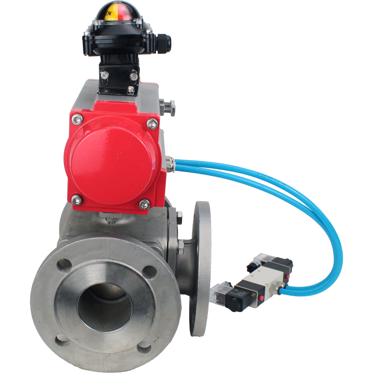 Ball valves Elephant BV3232P(4pc)-FP-3WL-F-ISO-H 16 bar full bore, flanged, body - stainless steel SS316, ISO flange F03/F04-F10/F12, square 9x9-19x19, with pneumatic drive PA-SA, pneumatic valve 4V320-10 220V and LSU APL-210N