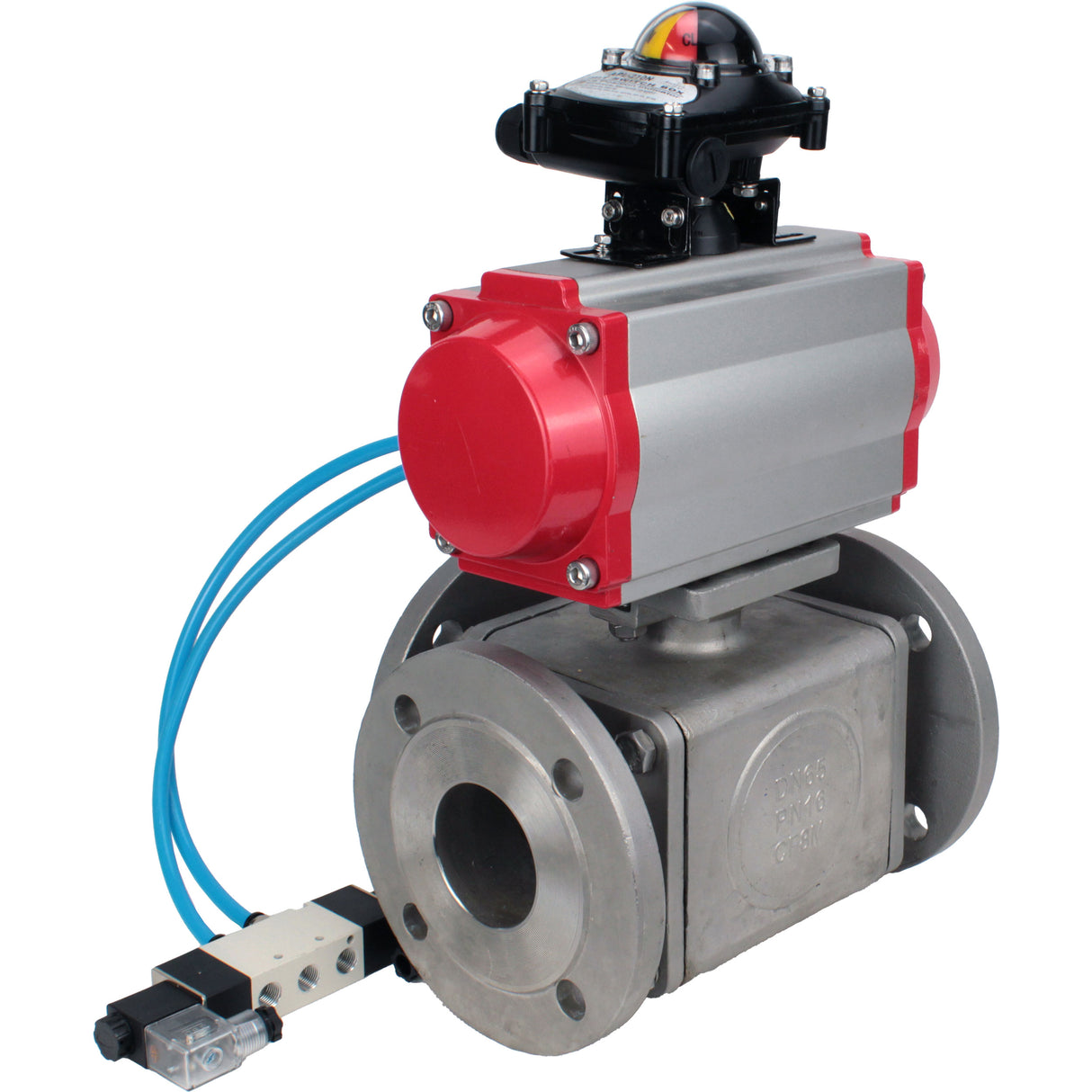 Ball valves Elephant BV3232P(4pc)-FP-3WL-F-ISO-H 16 bar full bore, flanged, body - stainless steel SS316, ISO flange F03/F04-F10/F12, square 9x9-19x19, with pneumatic drive PA-DA double acting, pneumatic valve 4V320-8 220V and LSU AP
