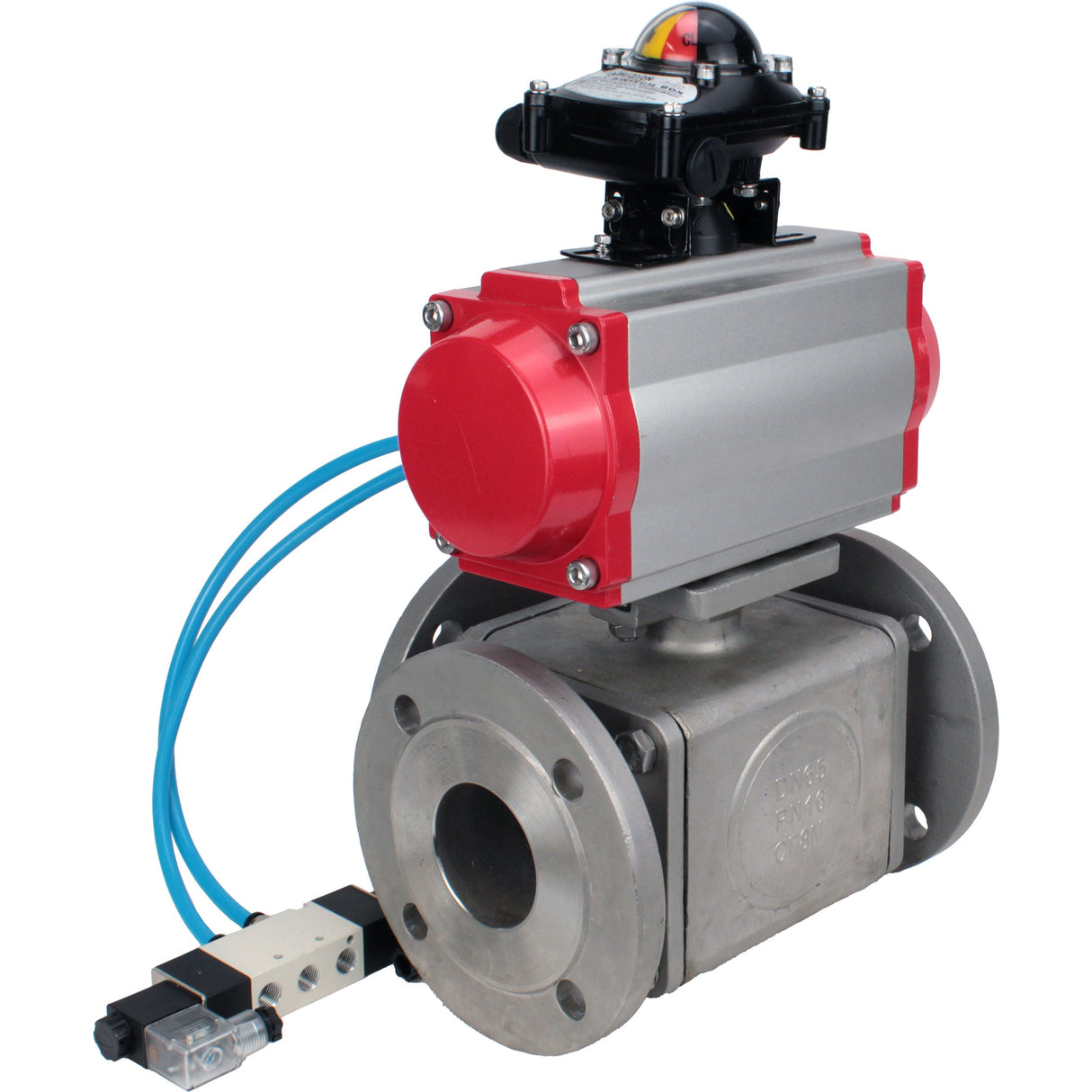 Ball valves Elephant BV3232P(4pc)-FP-3WL-F-ISO-H 16 bar full bore, flanged, body - stainless steel SS316, ISO flange F03/F04-F10/F12, square 9x9-19x19, with pneumatic drive PA-SA, pneumatic valve 4V320-8 220V and LSU APL-210N