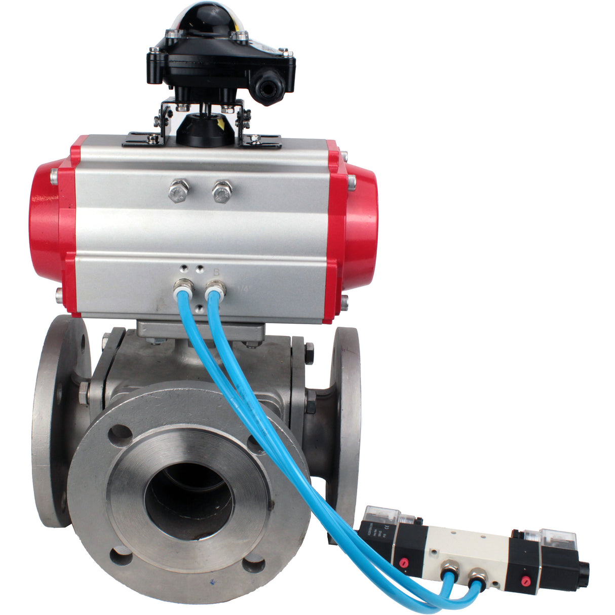 Ball valves Elephant BV3232P(4pc)-FP-3WL-F-ISO-H 16 bar full bore, flanged, body - stainless steel SS316, ISO flange F03/F04-F10/F12, square 9x9-19x19, with pneumatic drive PA-DA double acting, pneumatic valve 4V320-8 220V and LSU AP