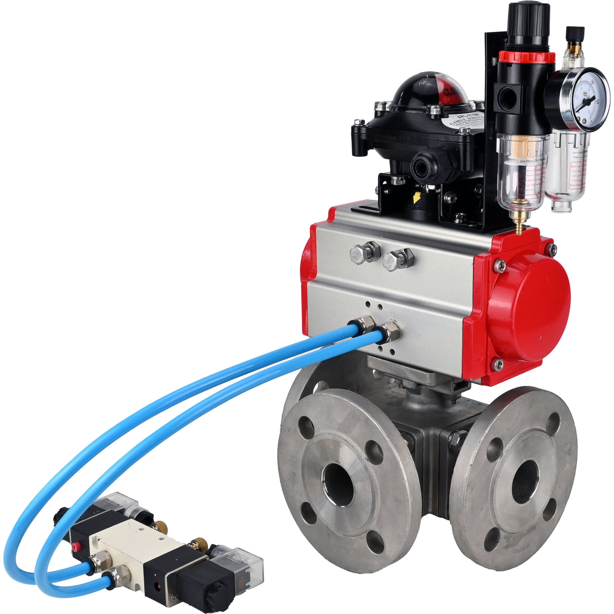 Ball valves Elephant BV3232P(4pc)-FP-3WL-F-ISO-H 16 bar full bore, flanged, body - stainless steel SS316, ISO flange F03/F04-F10/F12, square 9x9-19x19, with pneumatic drive PA-DA, pneumatic distributor 4V320-10 220V, LSU APL-210N and ATU AFC20