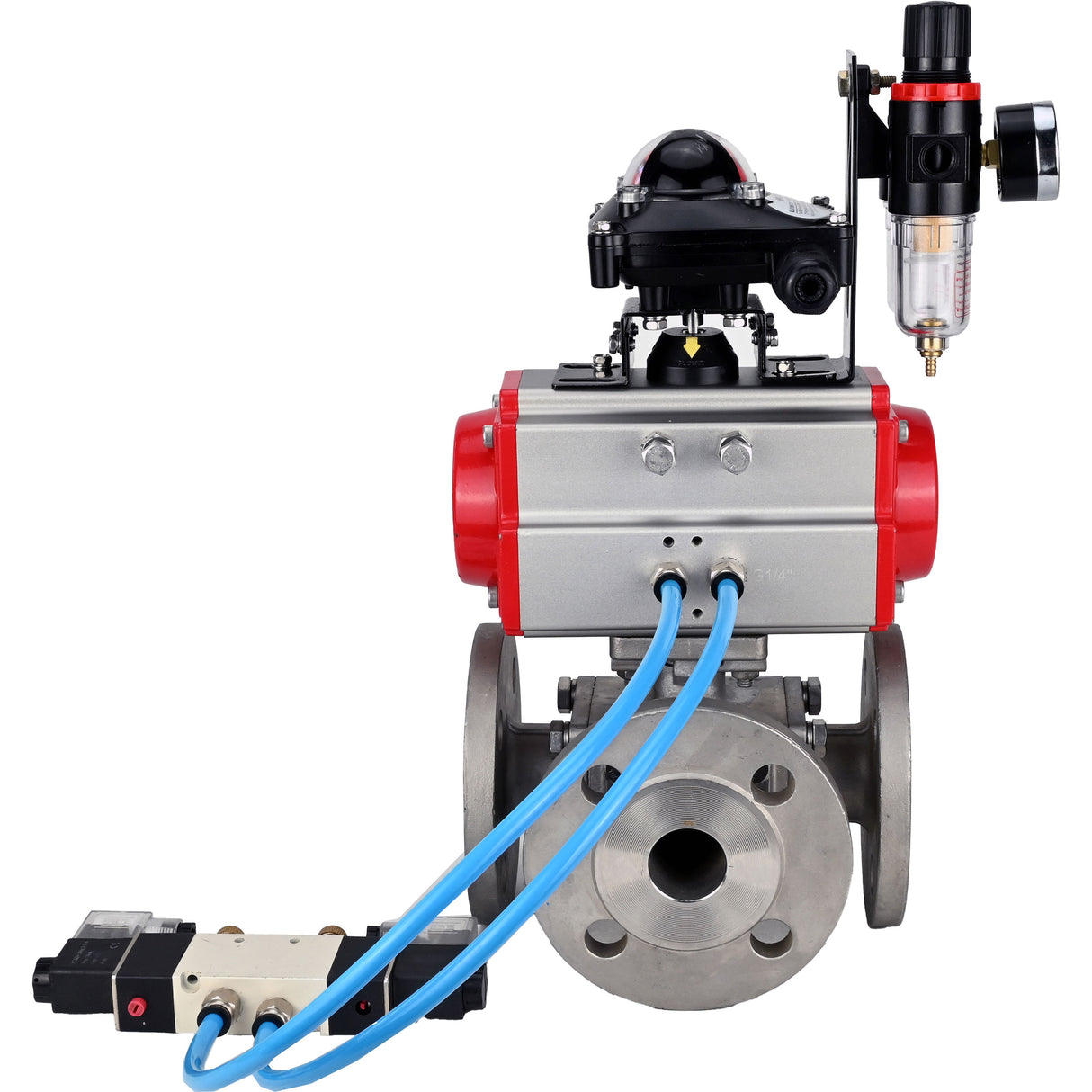 Ball valves Elephant BV3232P(4pc)-FP-3WL-F-ISO-H 16 bar full bore, flanged, body - stainless steel SS316, ISO flange F03/F04-F10/F12, square 9x9-19x19, with pneumatic drive PA-DA, pneumatic distributor 4V320-10 220V, LSU APL-210N and ATU AFC20