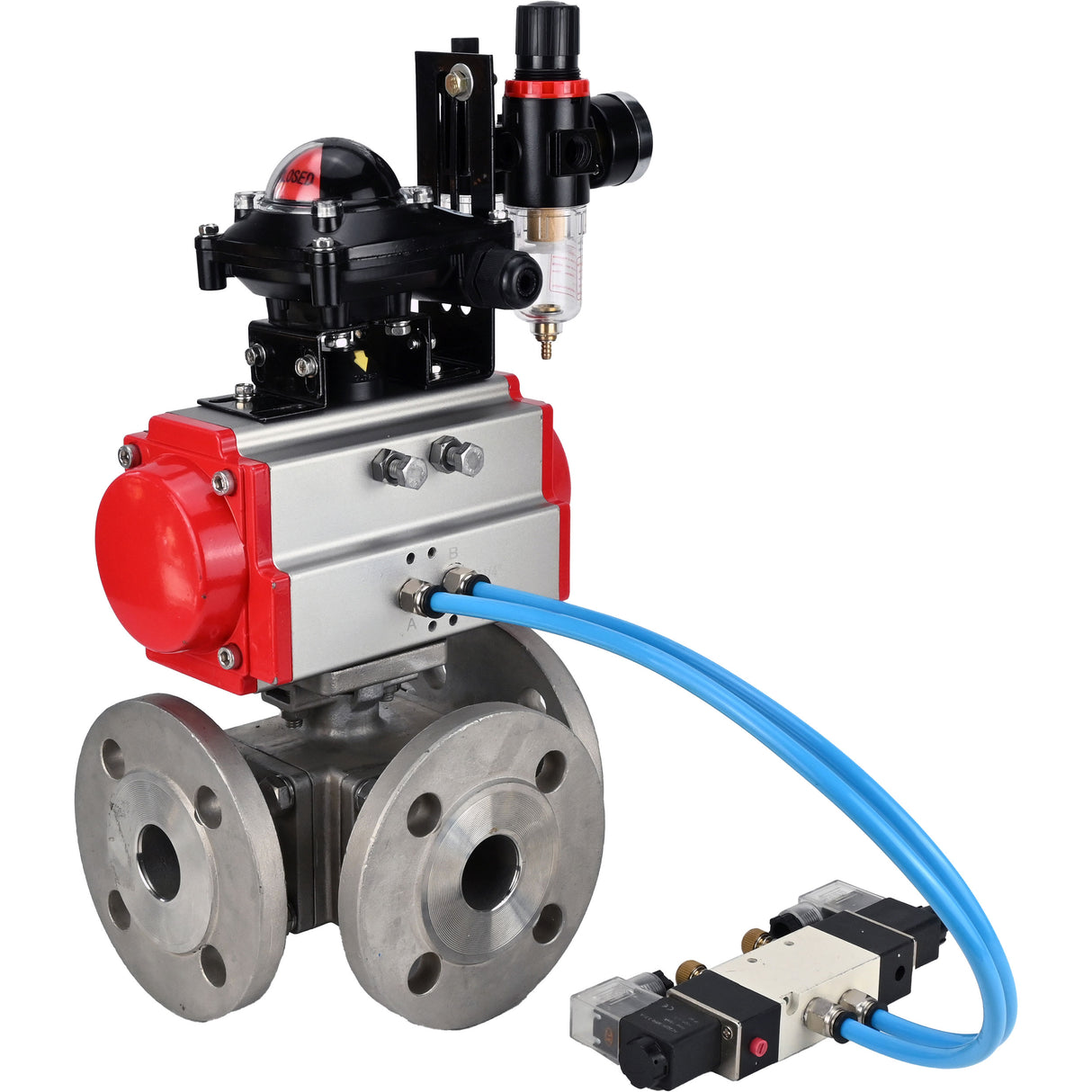 Ball valves Elephant BV3232P(4pc)-FP-3WL-F-ISO-H 16 bar full bore, flanged, body - stainless steel SS316, ISO flange F03/F04-F10/F12, square 9x9-19x19, with pneumatic drive PA-DA, pneumatic distributor 4V320-10 220V, LSU APL-210N and ATU AFC20