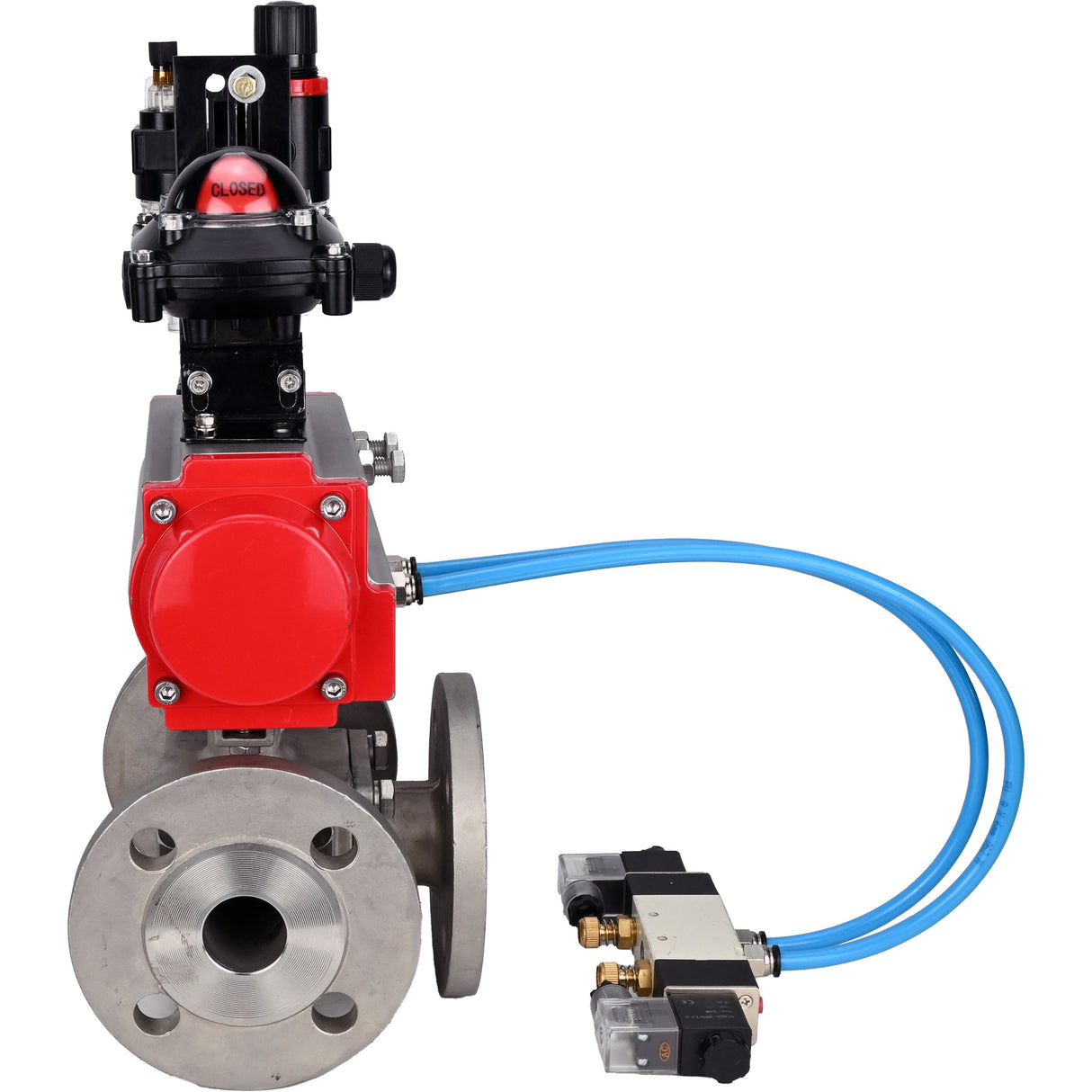 Ball valves Elephant BV3232P(4pc)-FP-3WL-F-ISO-H 16 bar full bore, flanged, body - stainless steel SS316, ISO flange F03/F04-F10/F12, square 9x9-19x19, with pneumatic drive PA-DA, pneumatic distributor 4V320-10 220V, LSU APL-210N and ATU AFC20