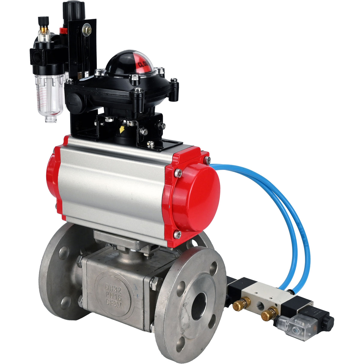 Ball valves Elephant BV3232P(4pc)-FP-3WL-F-ISO-H 16 bar full bore, flanged, body - stainless steel SS316, ISO flange F03/F04-F10/F12, square 9x9-19x19, with pneumatic drive PA-DA, pneumatic distributor 4V320-10 220V, LSU APL-210N and ATU AFC20