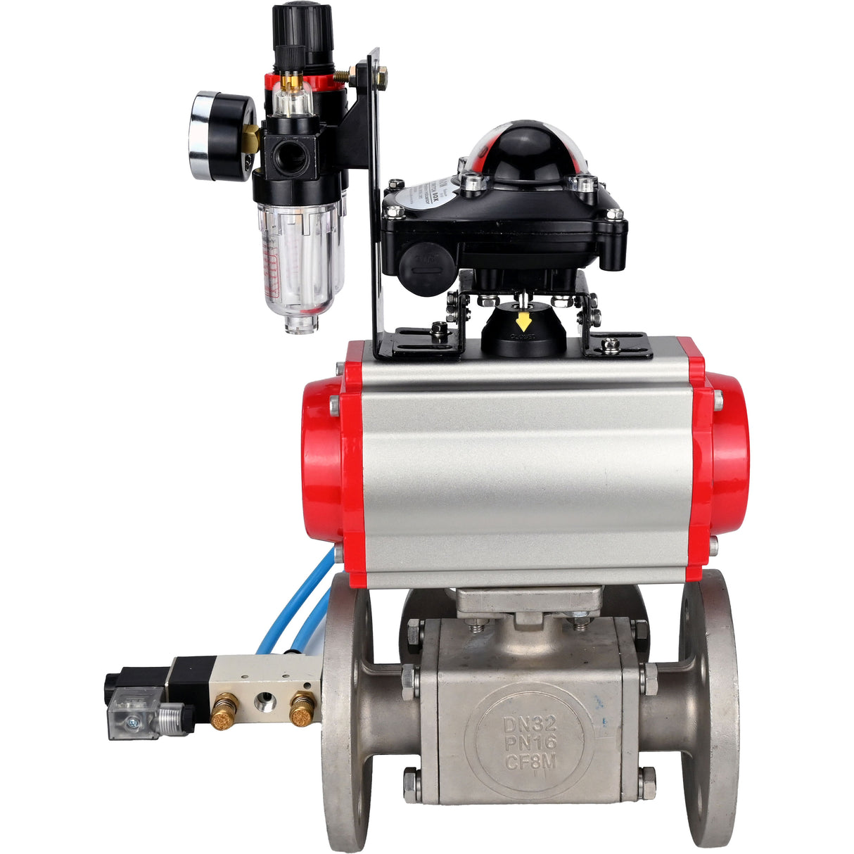 Ball valves Elephant BV3232P(4pc)-FP-3WL-F-ISO-H 16 bar full bore, flanged, body - stainless steel SS316, ISO flange F03/F04-F10/F12, square 9x9-19x19, with pneumatic drive PA-DA, pneumatic distributor 4V320-10 220V, LSU APL-210N and ATU AFC20