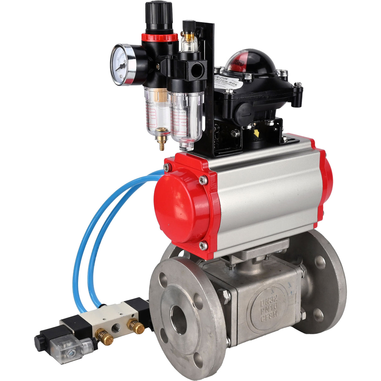 Ball valves Elephant BV3232P(4pc)-FP-3WL-F-ISO-H 16 bar full bore, flanged, body - stainless steel SS316, ISO flange F03/F04-F10/F12, square 9x9-19x19, with pneumatic drive PA-DA, pneumatic distributor 4V320-10 220V, LSU APL-210N and ATU AFC20