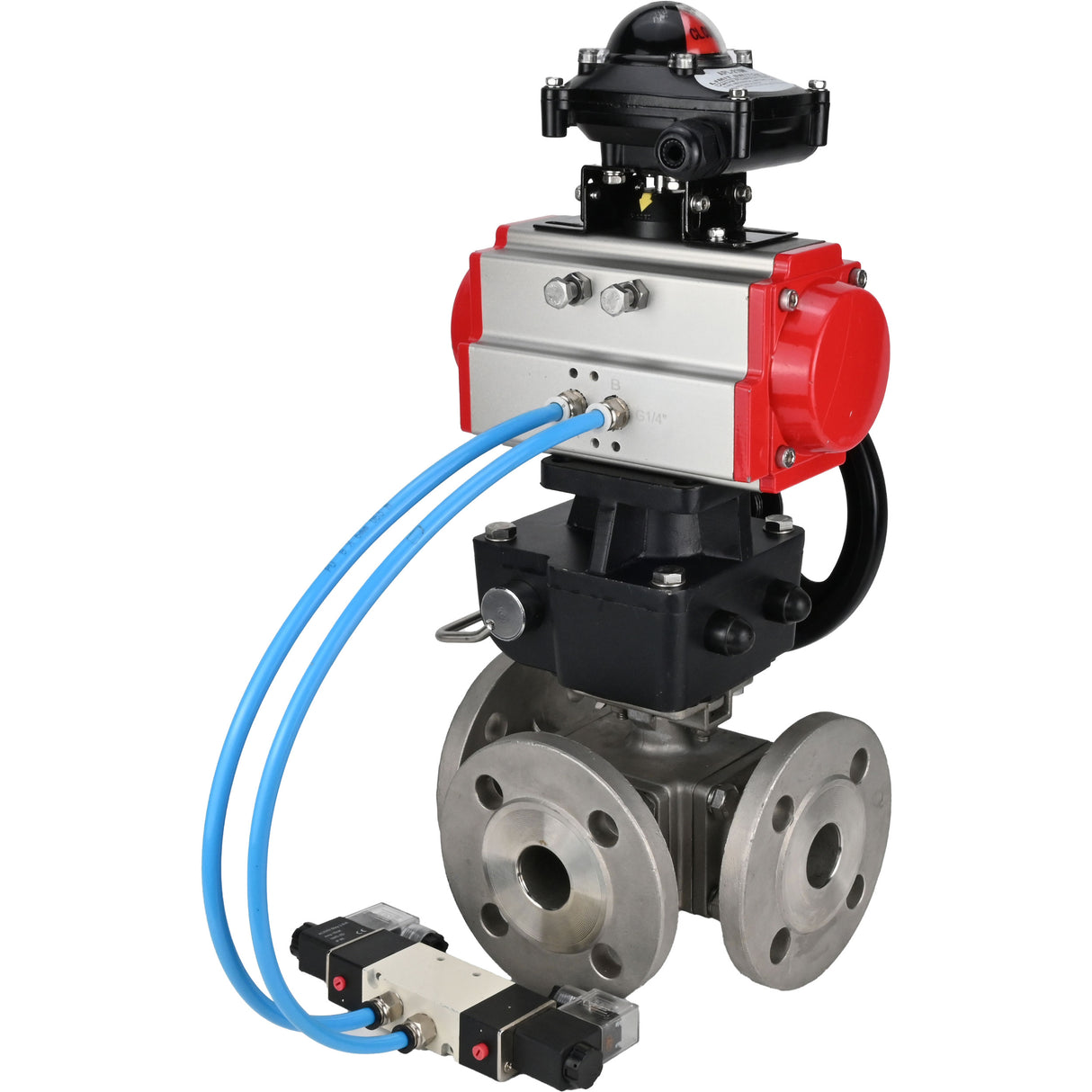 Ball valves Elephant BV3232P(4pc)-FP-3WL-F-ISO-H 16 bar full bore, flanged, body - stainless steel SS316, ISO flange F03/F04-F10/F12, square 9x9-19x19, with pneumatic drive PA-DA, mon/distribution 4V320-8 220V, LSU APL-210N and Doubler MON3-700-T38