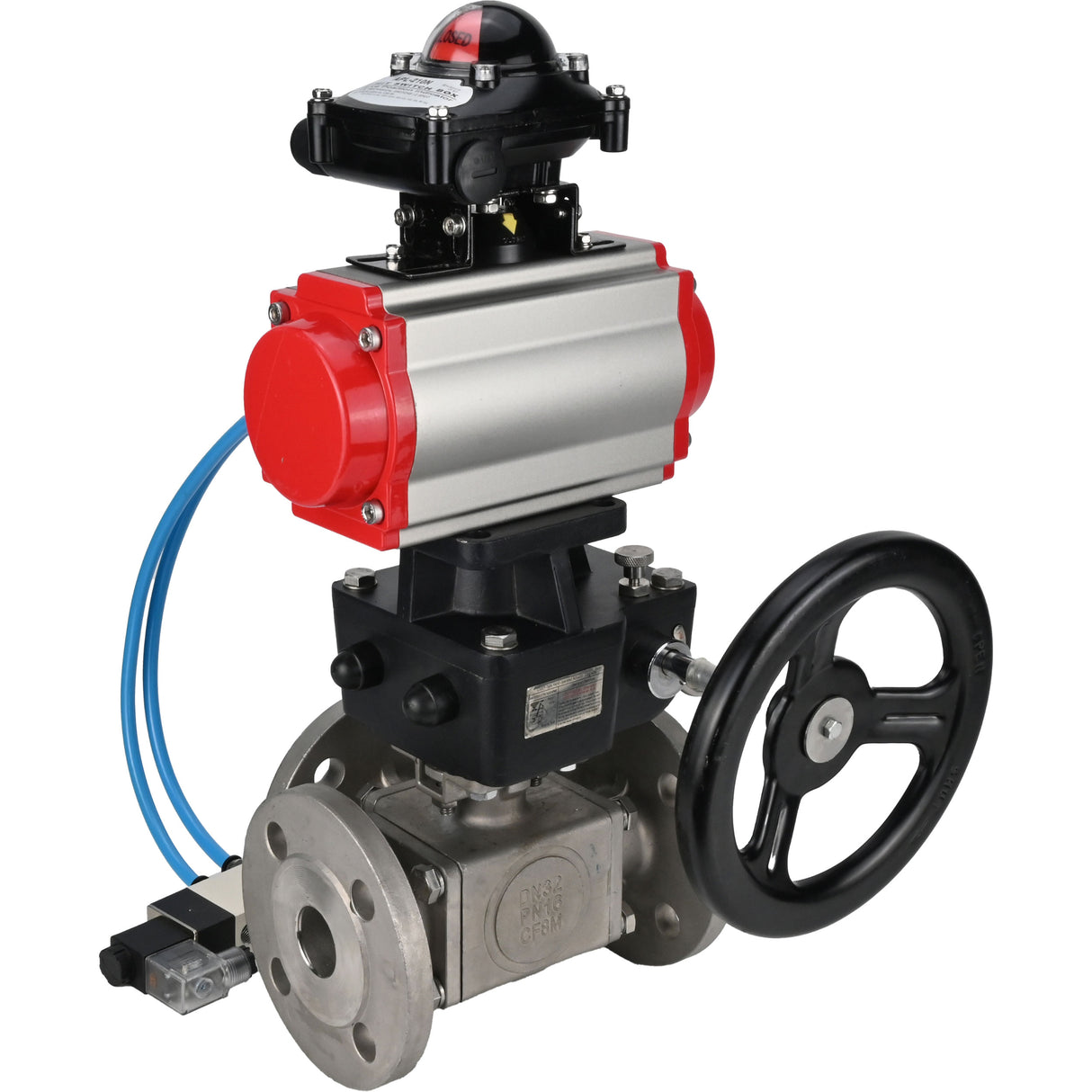 Ball valves Elephant BV3232P(4pc)-FP-3WL-F-ISO-H 16 bar full bore, flanged, body - stainless steel SS316, ISO flange F03/F04-F10/F12, square 9x9-19x19, with pneumatic drive PA-DA, mon/distribution 4V320-8 220V, LSU APL-210N and Doubler MON3-700-T38