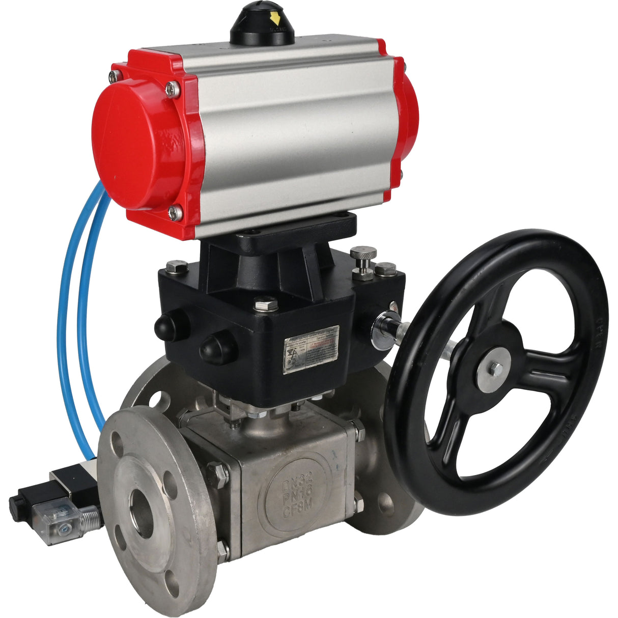 Ball valves Elephant BV3232P(4pc)-FP-3WL-F-ISO-H 16 bar full bore, flanged, body - stainless steel SS316, ISO flange F03/F04-F10/F12, square 9x9-19x19, with pneumatic drive PA-DA, pneumatic distributor 4V320-10 220V and Doubler MON3-700-T38-I