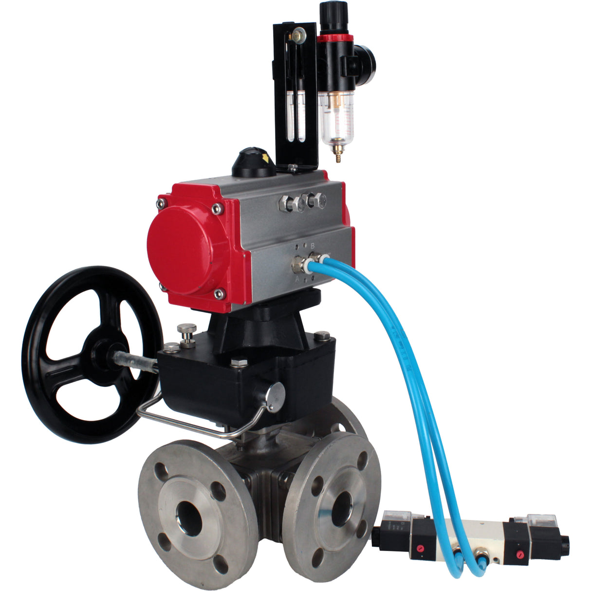 Ball valves Elephant BV3232P(4pc)-FP-3WL-F-ISO-H 16 bar full bore, flanged, body - stainless steel SS316, ISO flange F03/F04-F10/F12, square 9x9-19x19, with pneumatic drive PA-DA, mon/distribution 4V320-8 220V, Doubler MON3-700-T38-ISO and ATU AFC2