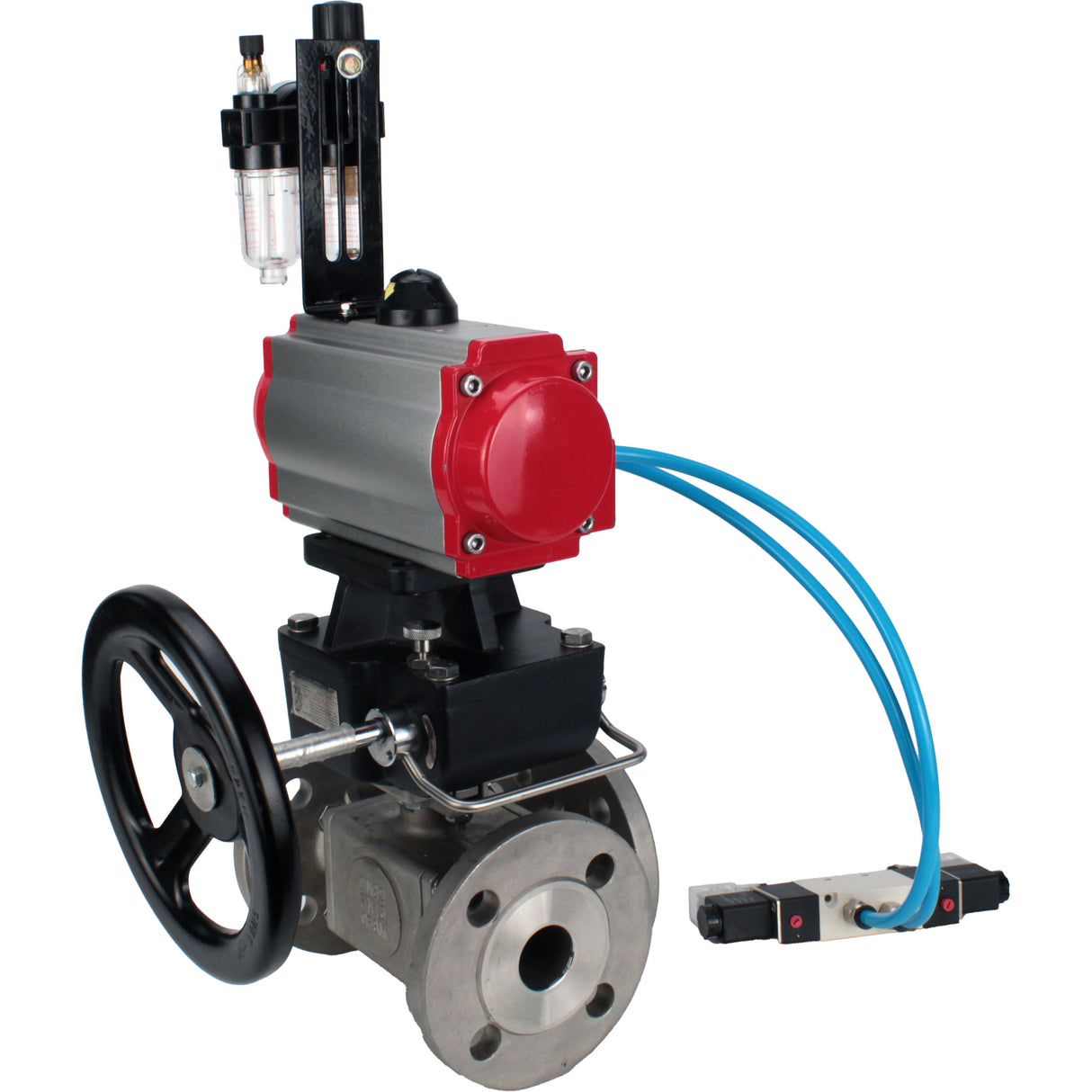 Ball valves Elephant BV3232P(4pc)-FP-3WL-F-ISO-H 16 bar full bore, flanged, body - stainless steel SS316, ISO flange F03/F04-F10/F12, square 9x9-19x19, with pneumatic drive PA-DA, mon/distribution 4V320-8 220V, Doubler MON3-700-T38-ISO and ATU AFC2